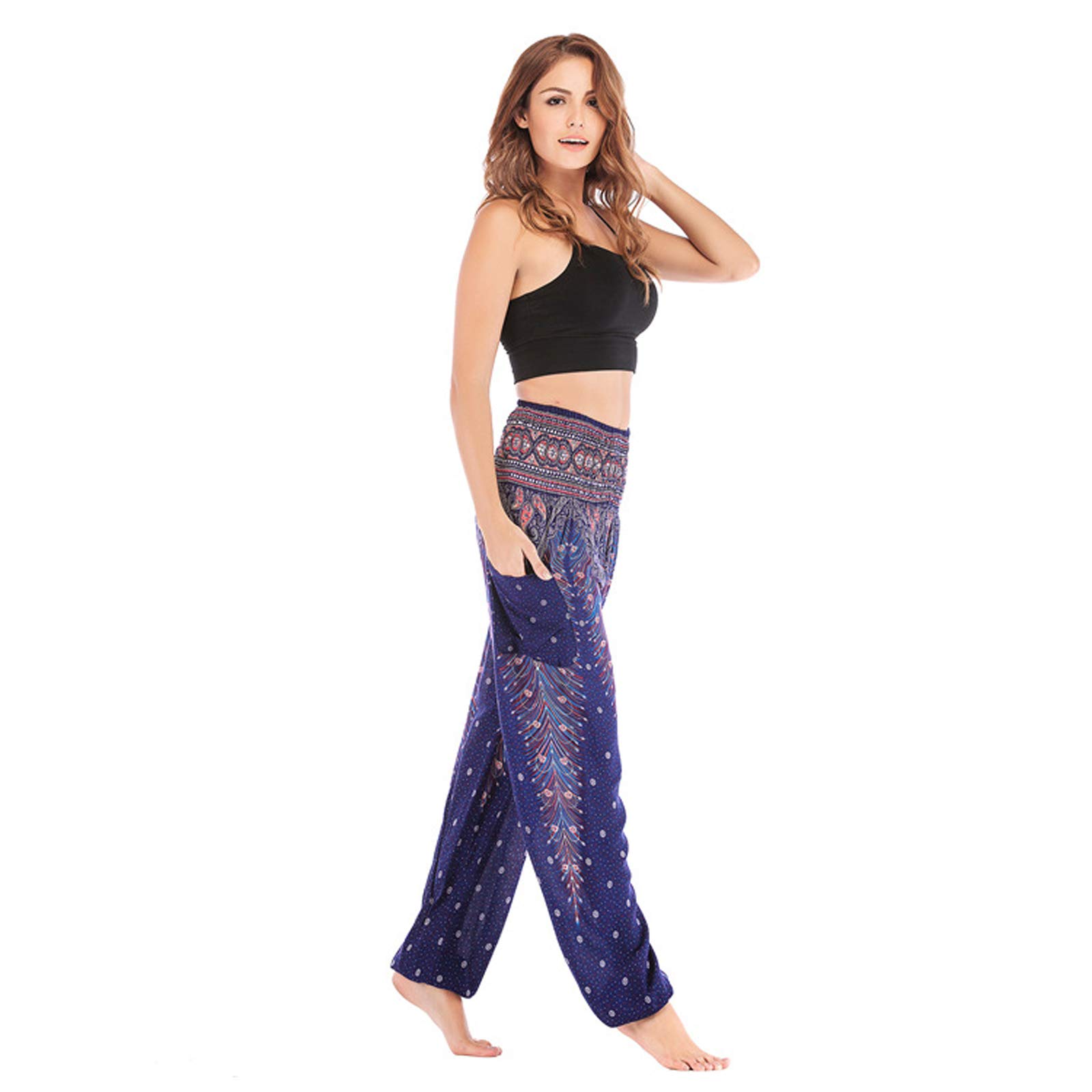 Sarouel Femme Pantalon Harem Hippie Pantalon Jogger Poche Baggy Taille Haute Gym Sports Lounge Pantalon pour Yoga Summer Plage 005-Taille Unique