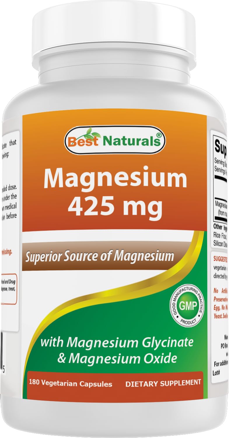 Best Naturals Magnesium 425 mg 180 Veggie Capsules - High Absorption Magnesium Glycinate & Magnesium Oxide Chelated, Non-GMO, Gluten Free Muscle Relax (180 Count (Pack of 1))
