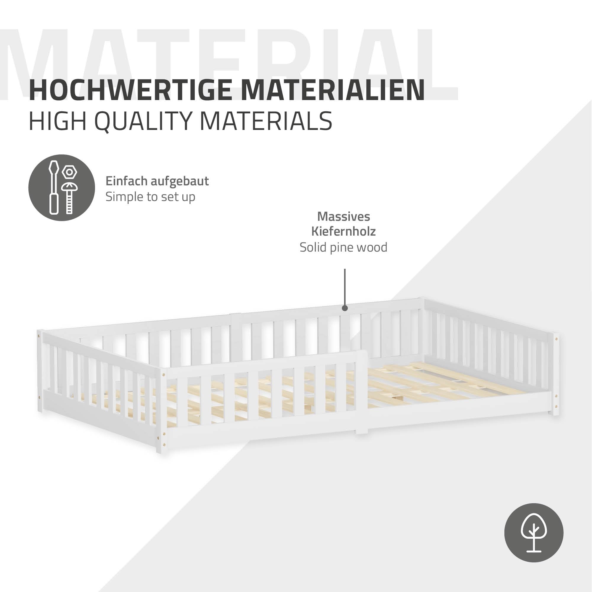 ML-Design Cama de Suelo Infantil 120x200cm con Colchón 16cm Blanca Madera Maciza de Pino Somier de Láminas y Protección Anticaída Cuna Doble para Niños y Bebés Mobiliario para Habitación Juvenil