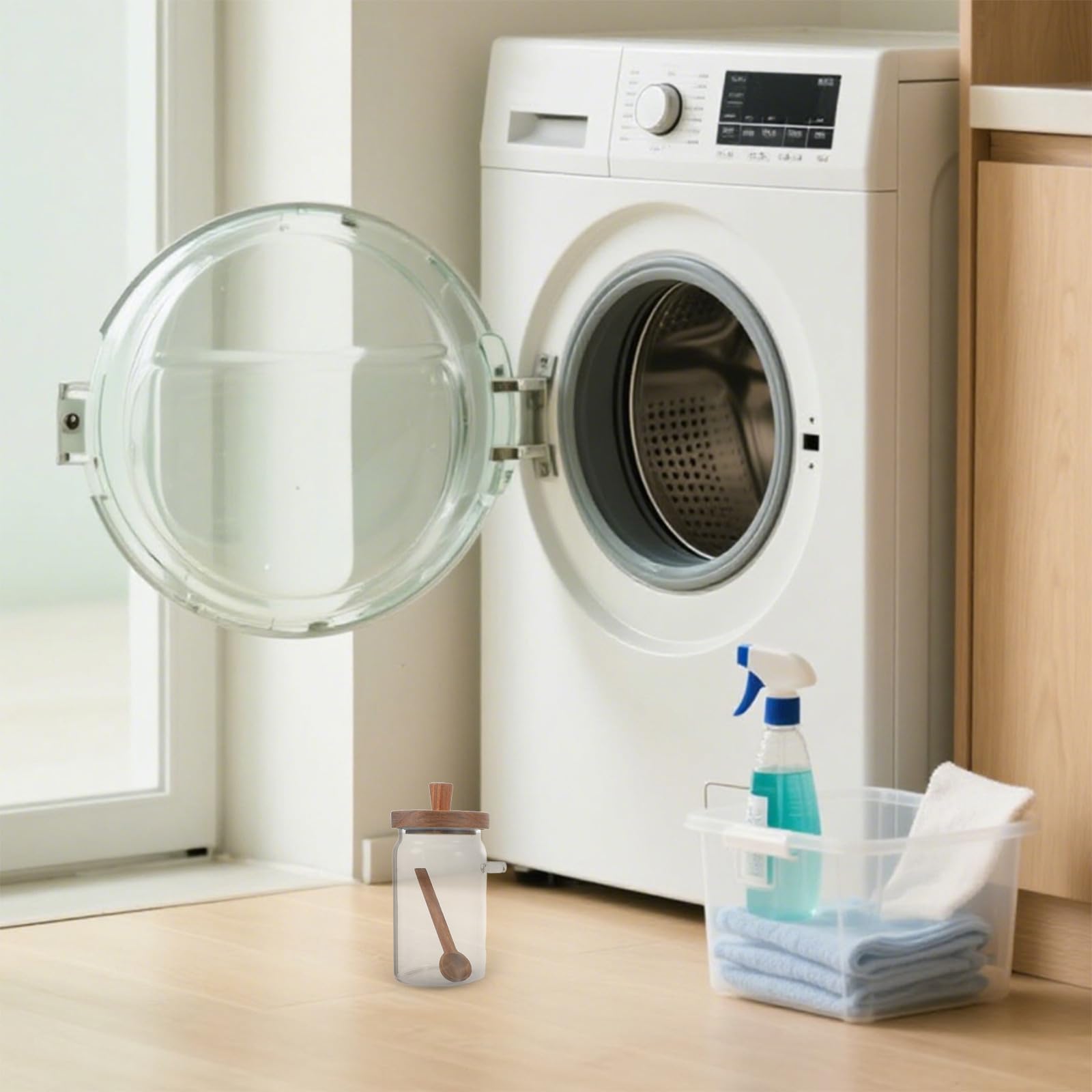 Juego de 3 envases para cápsulas de detergente - Dispensador de Vidrio para detergente en Polvo con Cuchara de Madera y Tapa hermética - Frasco Transparente hermético para Granos de café y