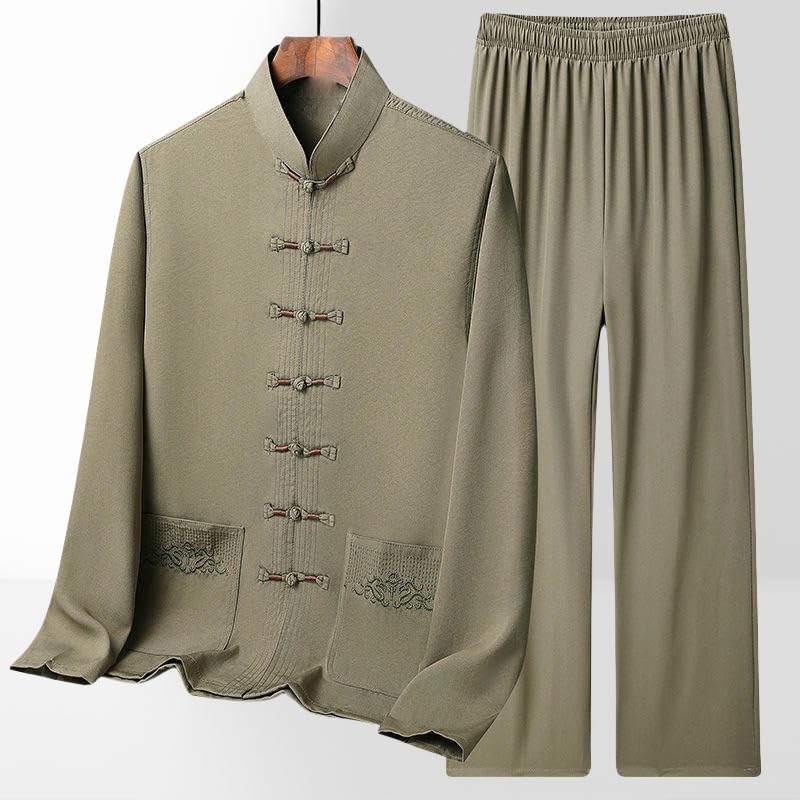 Men's Spring/Summer Chinese Style Ice Silk Long Sleeve Two-Piece Hanfu Thin Tang Suit Set3