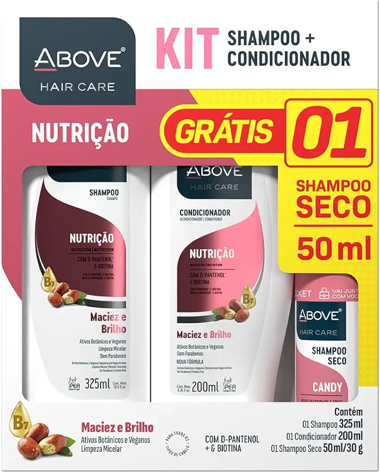 Above Kit com Shampoo Nutrição 325 ml + Condicionador Nutrição 200 ml + Shampoo a Seco 50 ml