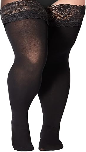 Moon Wood Plus Size Lace Top Silicone Stay-Up Thigh High Stockings for Women Sexy Semi Sheer Hosiery for Party