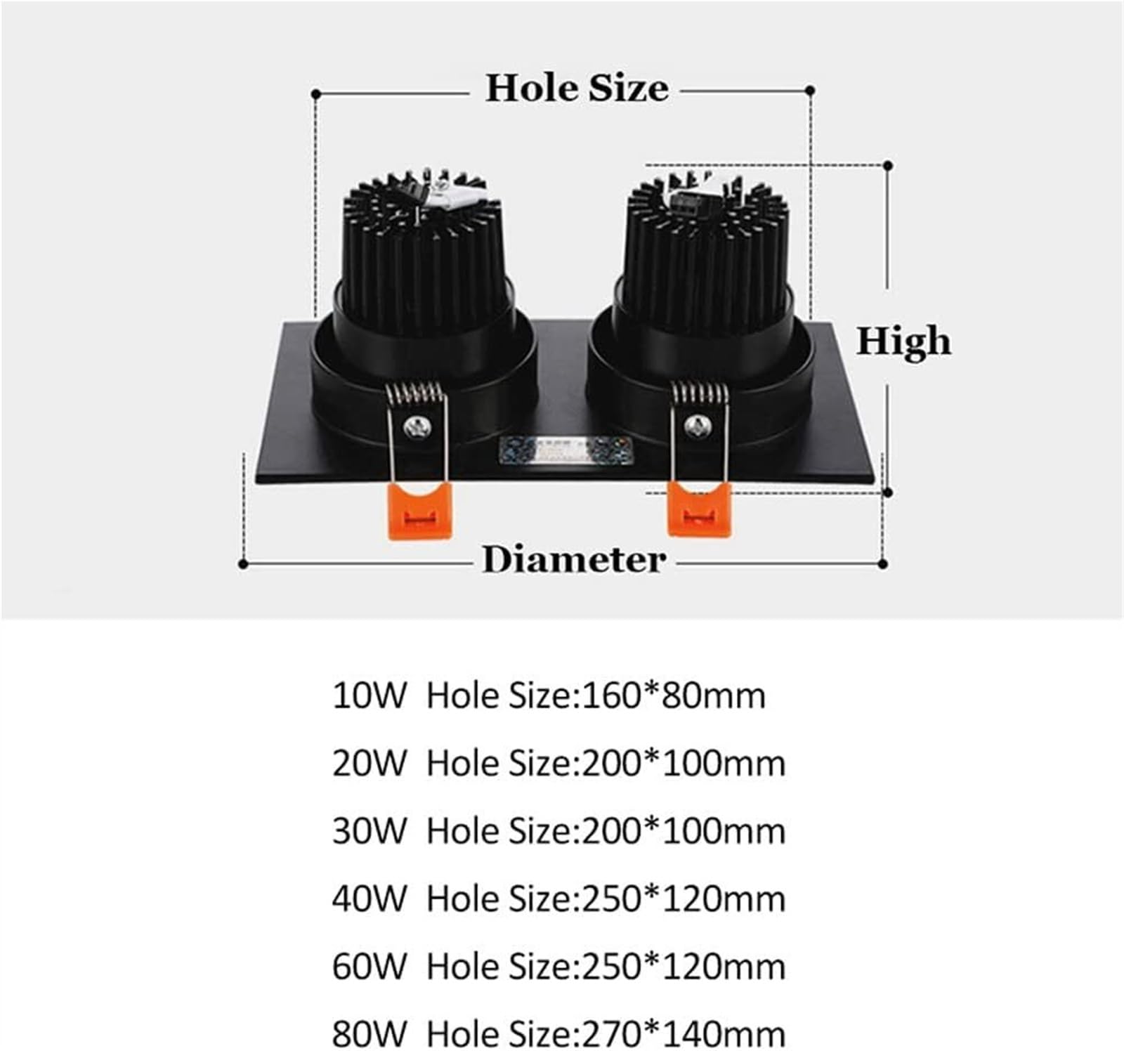 Plafoniera LED Bianca/Nera, Illuminazione da Incasso Quadrata Doppia, Rettangolare, 3000K, 10W-80W, faretti LED girevoli ad Alta luminosità, Bianchi (Nero, 80W)