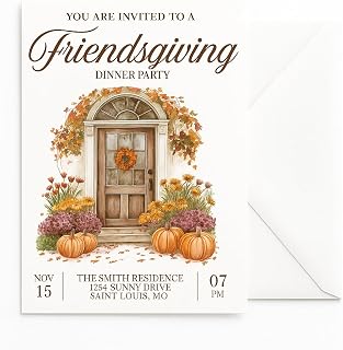 Personalized Friendsgiving Dinner Party Invitation, Orange and Brown Watercolor Design, 5x7 Inches, Digital or Printed Cards with Envelopes, Custom Proof, Fall Theme