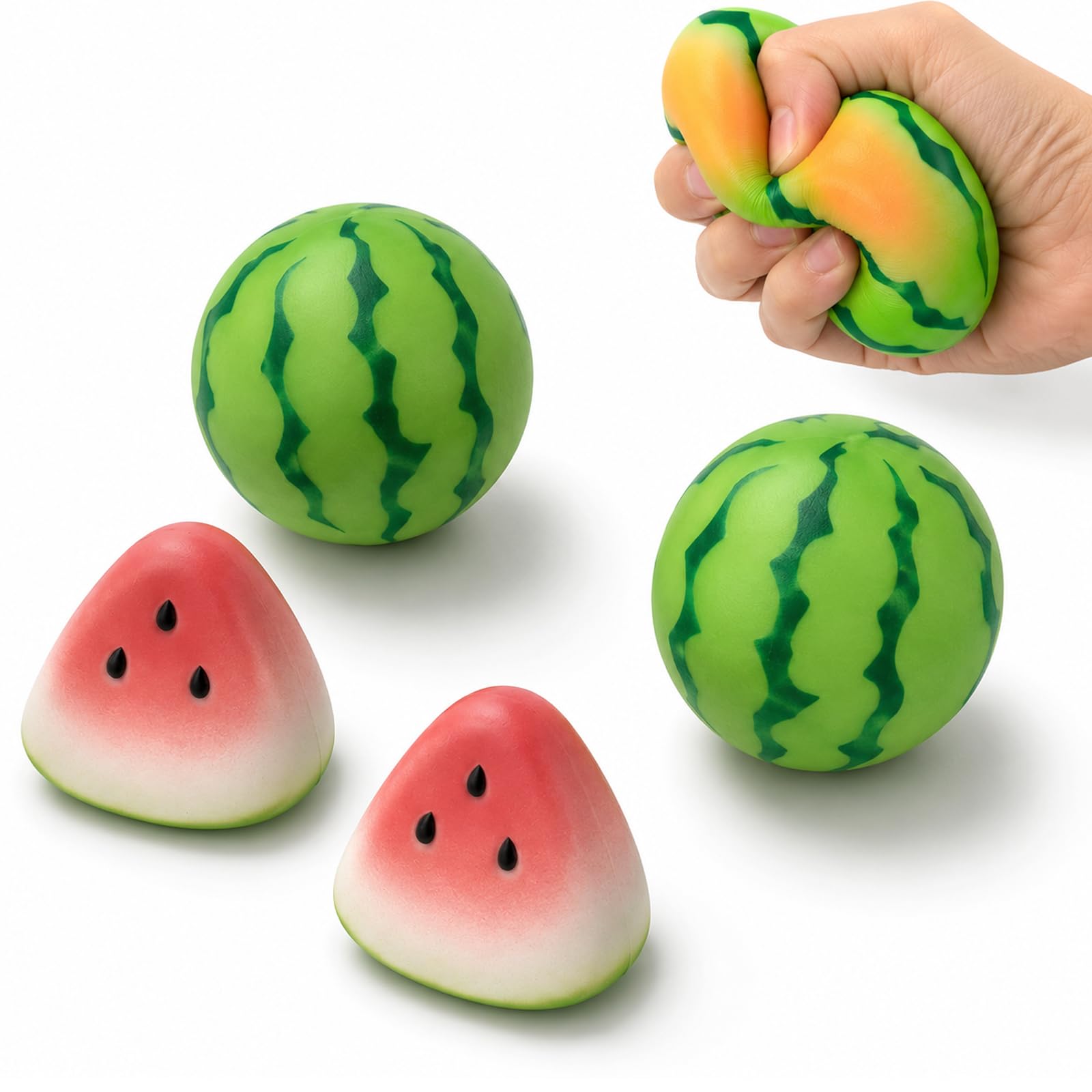 Watermelon Squishy, Stress Relief and Focus Improvement Tool, 4 Pieces Set with Round and Triangle Shapes, Portable Entertainment for Office Desk and Home Use