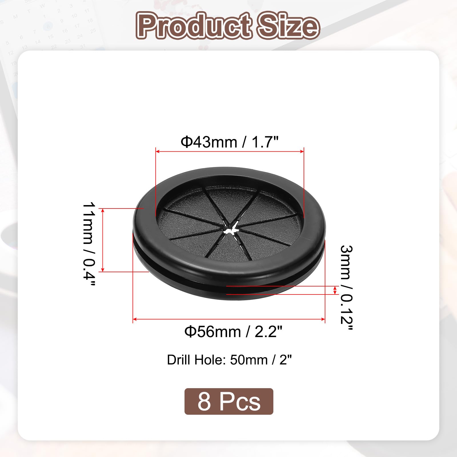 PATIKIL 2" Drill Hole Rubber Grommets, 8Pcs Desk Grommet Cable Grommet Hole Cover Cord Organizer for Office Home Table Countertop Black - Image 2