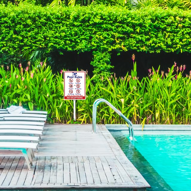Cartelli Regole Piscina, "No Diving No Glass", "No Food No Pushing No Running No Peeing in Pool Swim at Your Own Risk" Cartello da Giardino con Pali, 17,5×22 cm, Cartelli da Giardino