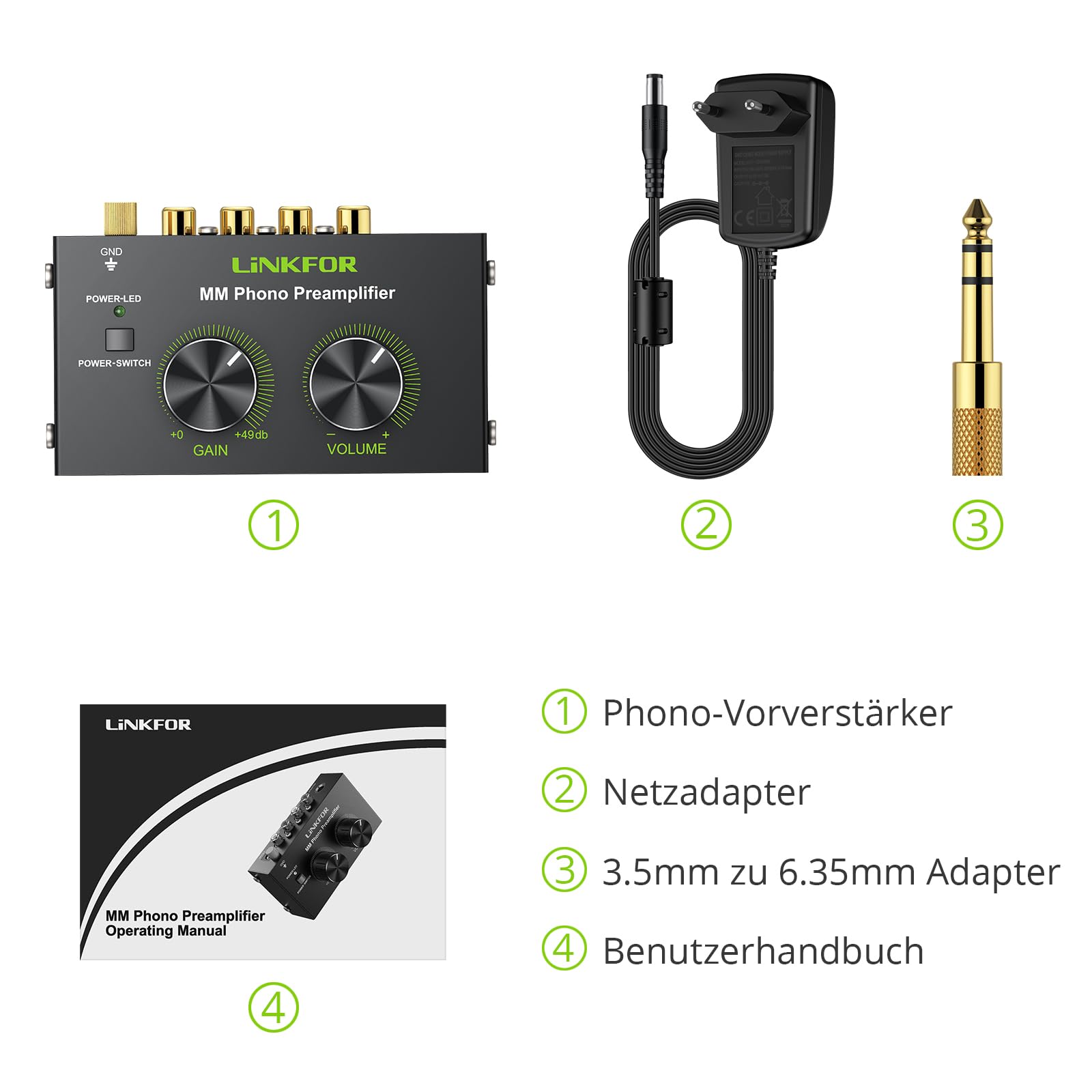 LiNKFOR Phono-Vorverstärker Phonograph-Vorverstärker Ultra-Kompakter Vorverstärker mit Netzschalter Lautstärkeregler Cinch Eingang/Ausgang 1/4'' TRS-Ausgang DC 12V für Plattenspieler mit MM-Abtast
