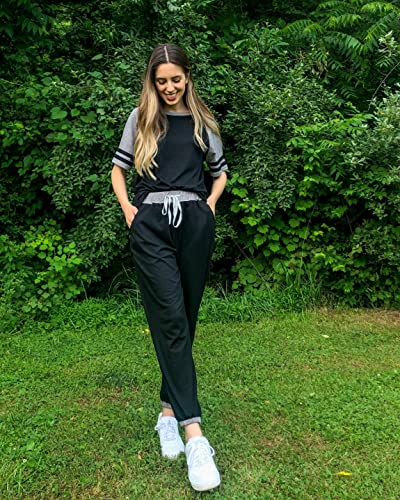 Image of PRETTYGARDEN Women's Two Piece Outfits Striped Short Sleeve Pullover and Long Pants Tracksuit Pajama Lounge Jogger Sets