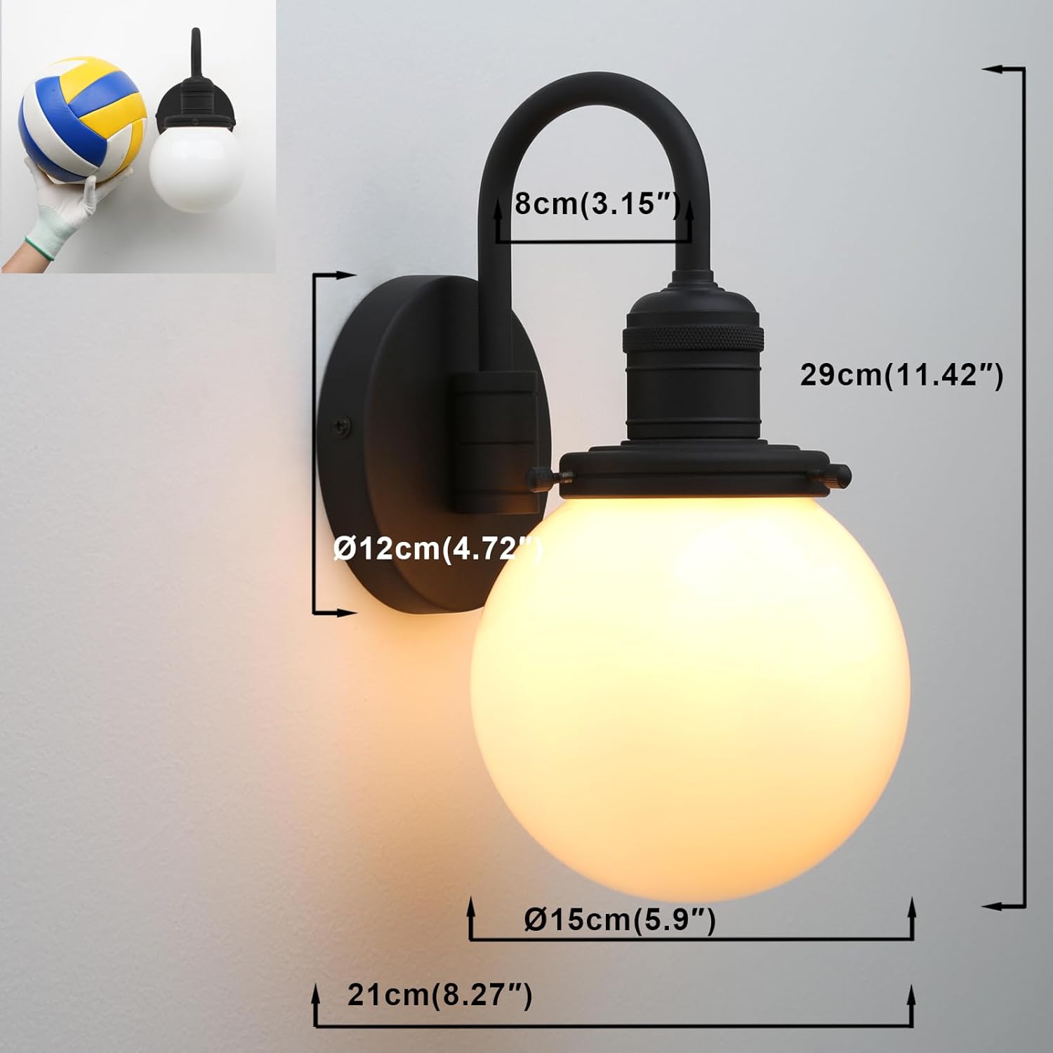 Yosoan 1-Light Vanity Wall Sconce with Milk Round Glass, SingleIndoor Hardwired Modern Luxury Vintage with Globe Shade Retro Curved Rod Fixture for Bathroom Bedside Kitchen Sink(Black)