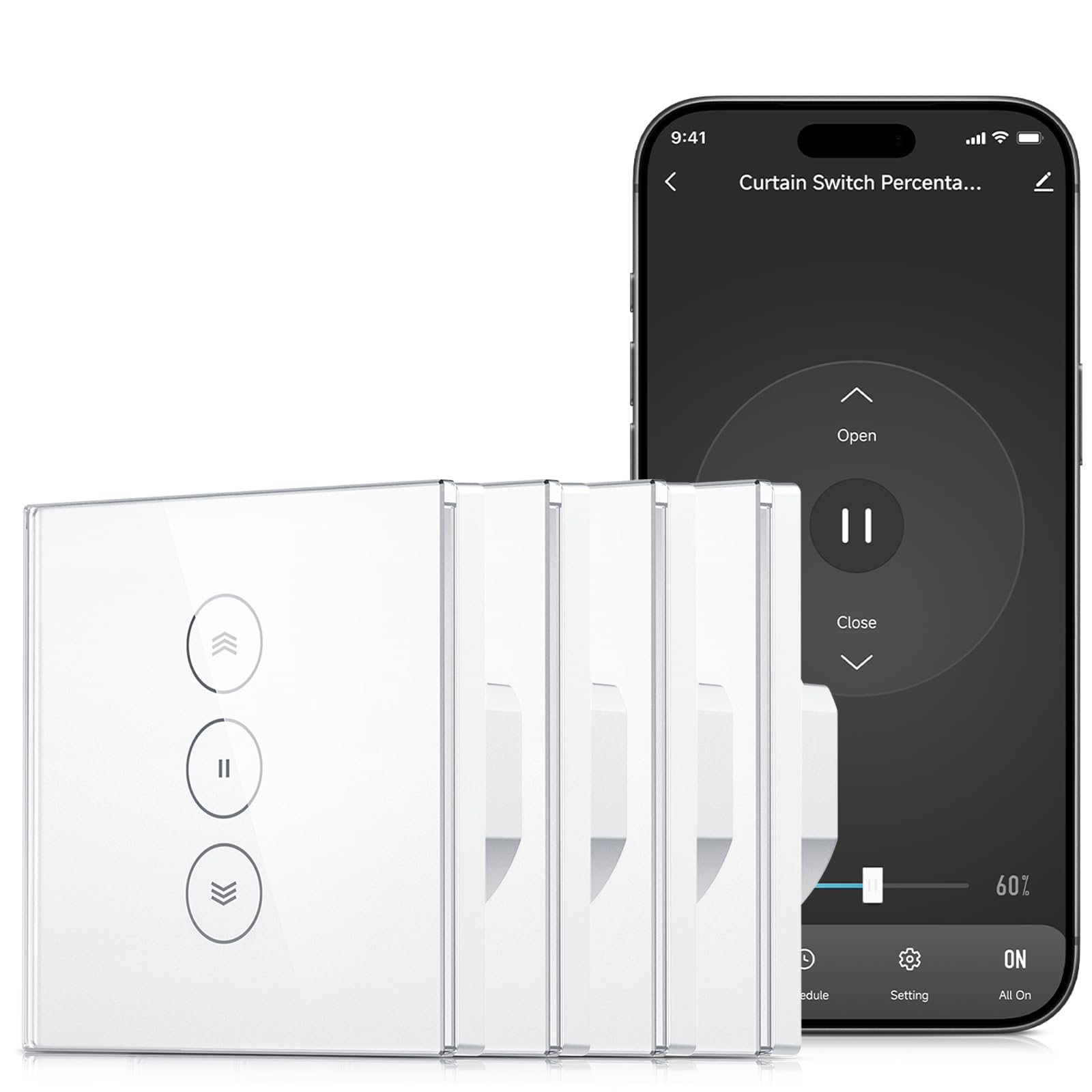 Interruptor Persiana WiFi para Cortina Inteligente, Control de Porcentaje, Temporizador Domótico Compatible con Alexa y Google Home, Panel de Vidrio Táctil, Requiere Hilo Neutro, 4 Packs