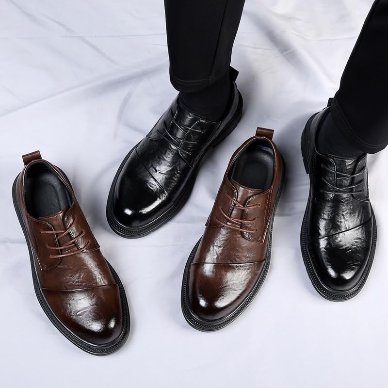 Men's Genuine Leather Platform Block Heel Business Oxford Shoes Modern Lace Up Business Casual Scale Pattern Comfort Dress Shoes for Men3