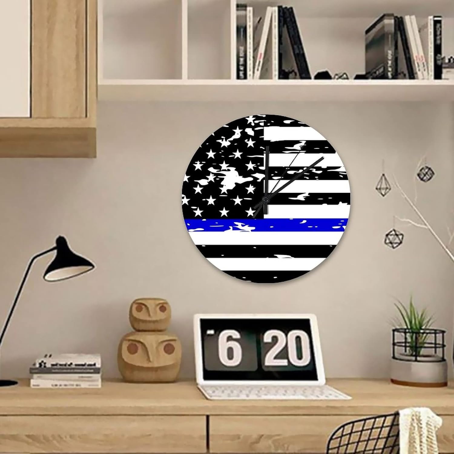 Retro Vintage Thin Blue Line Black American Flag Wooden Clock 15 Inch, Law Enforcement and Police Officers Home Decor Clock Silent Non Ticking Round Clock for Home Office
