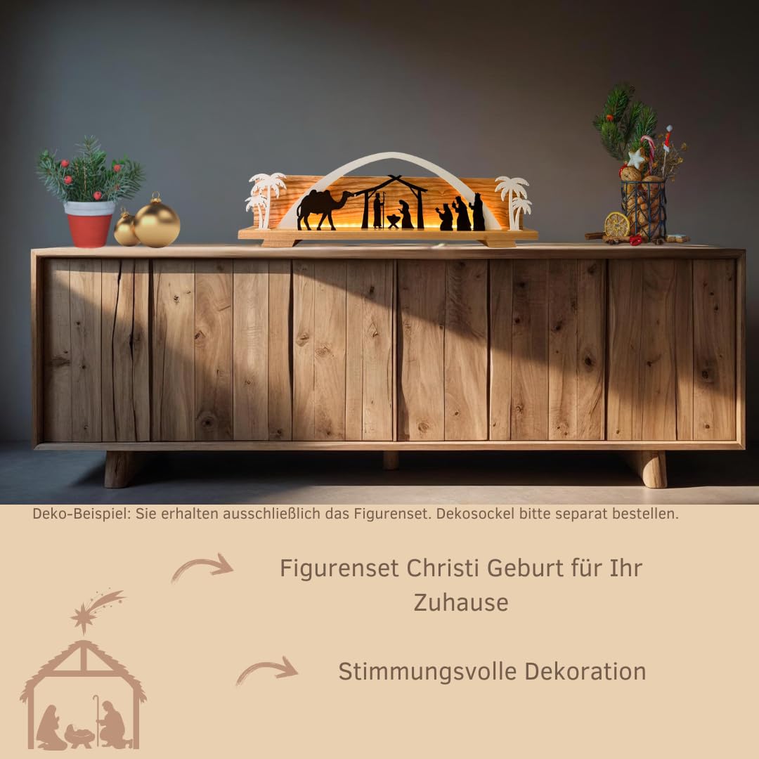weigla - Figurenset 6 TLG. original Erzgebirge I Motiv Christi Geburt weiß/braun I Figurenset für Dekosockel I Weihnachtsdeko mit Heiliger Familie, Heilige DREI Könige, Palmen, Kamel & Bogen
