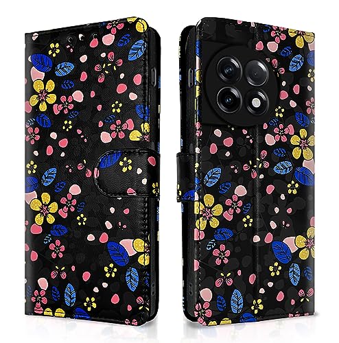Image of Pikkme OnePlus 11R 5G Flip Cover for Girls Leather Finish | Inside TPU with Card Pockets | Wallet Stand and Shock Proof | Complete Protection Flip Case (Black Flower)