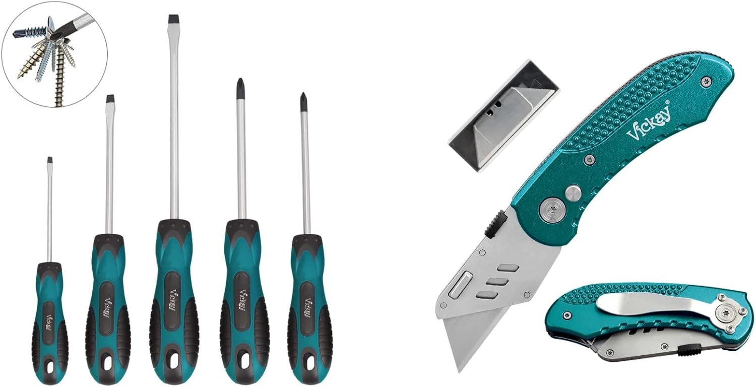 Vickay Green Magnetic Screwdriver Set 5 Pieces Slotted and Phillips Screwdriver with Ergonomic Comfortable Non-skid Handle + Green Folding Utility Knife Heavy Duty Box Cutter