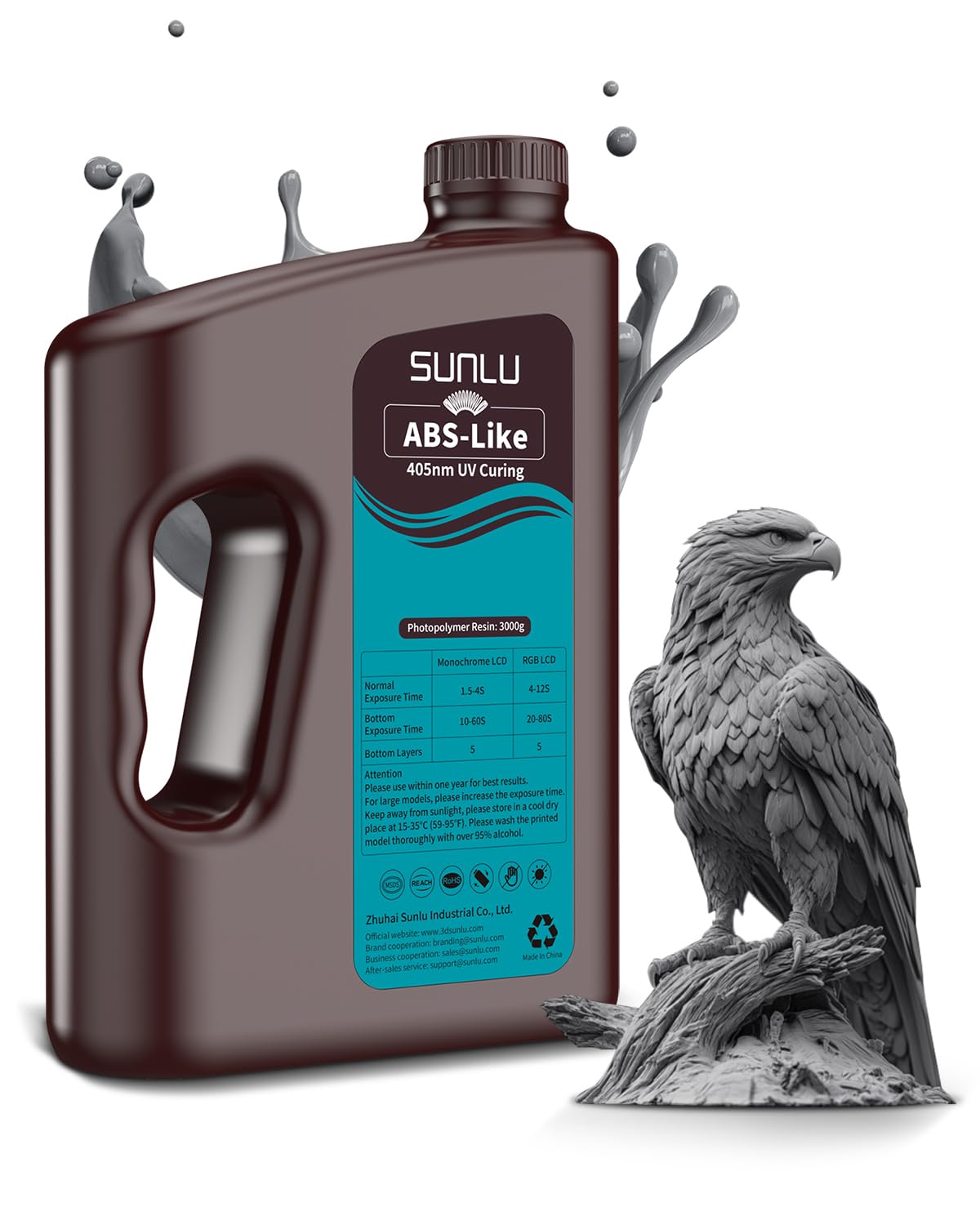 SUNLU ABS-Like żywica do drukarki 3D 3KG, 405nm standardowa fotopolimerowa żywica szybkovulkanizacyjna utwardzana światłem UV do druku LCD/DLP/SLA, nie krusząca się & wysoka precyzja, ciemnoszara