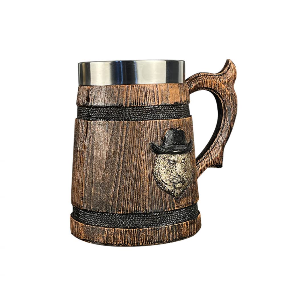 YXSH Barile di Legno 3D Resina dell'Acciaio Inossidabile Testa di Leone Boccale di Birra Calice Boccale Tazza di caffè Tazze di Vetro di Vino 580ml Miglior Regalo di Natale