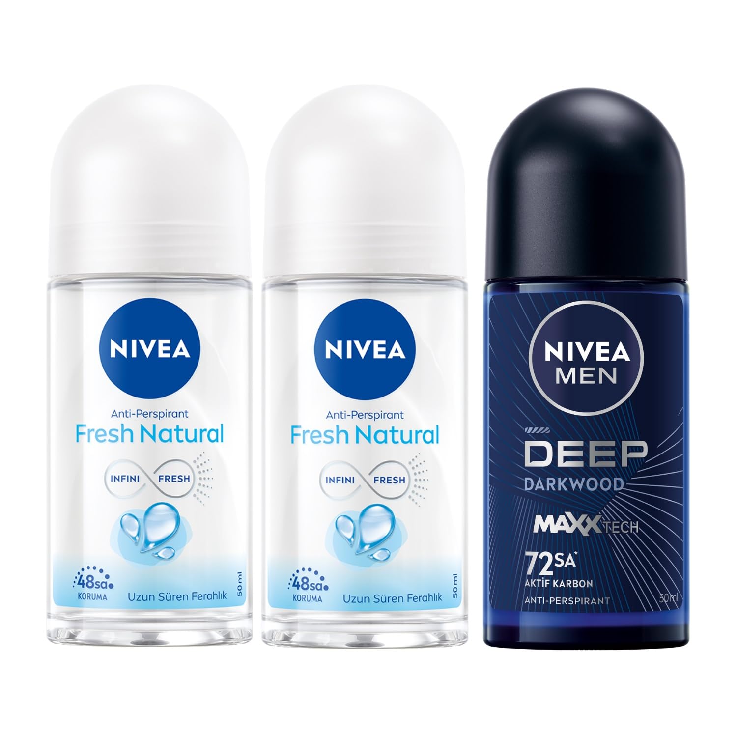 NIVEA Men Erkek Roll On Deodorant Deep Dimension 72 Saat Anti-Perspirant Koruma (50 ml) + NIVEA Kadın Roll On Deodorant Fresh Natural 48 Saat Anti-Perspirant Koruma (50 ml) X2