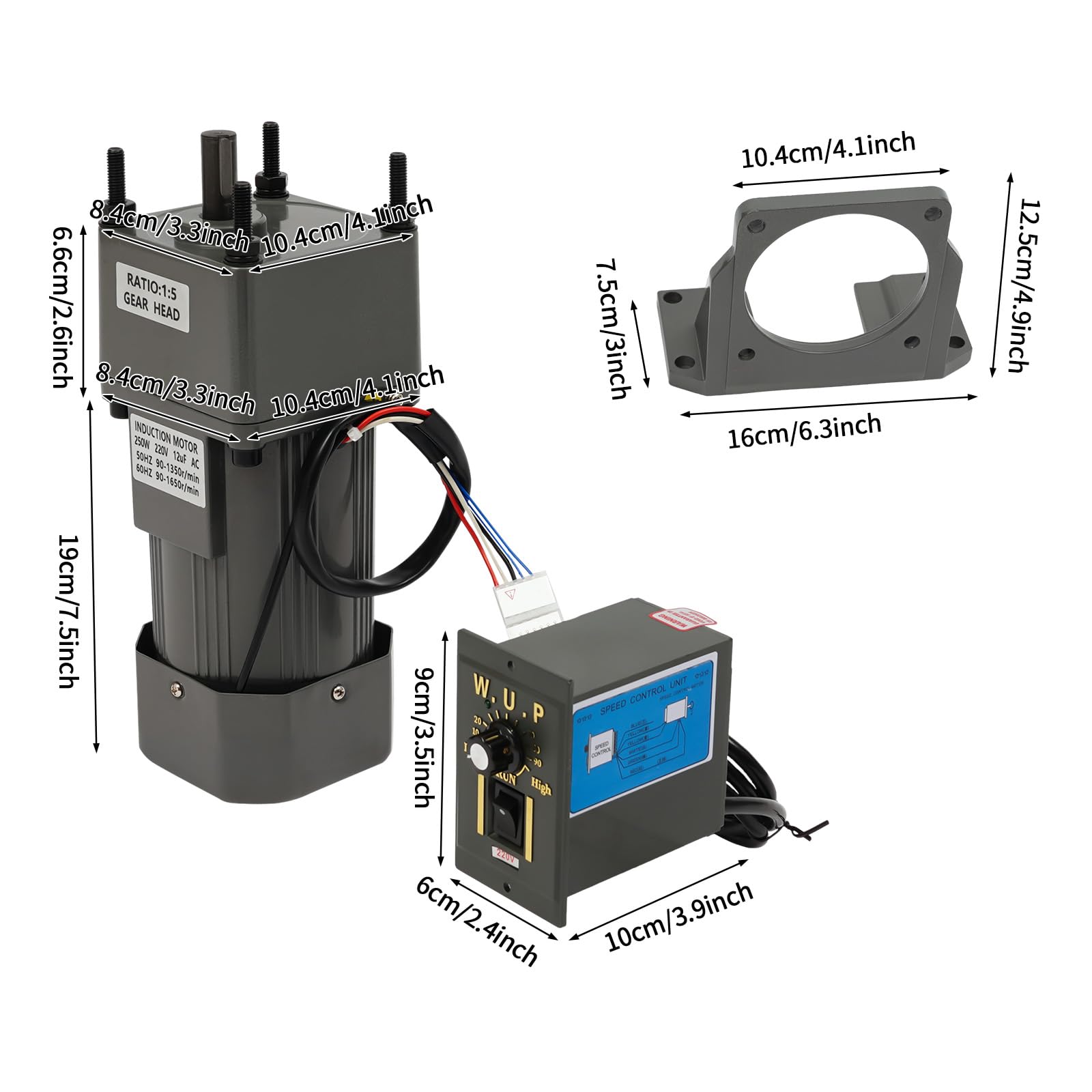 Motor de engranajes 250 W 220 V ajustable con soporte, reductor y regulador de velocidad, motor ajustable de engranaje, motor de engranaje para líneas de montaje, dispositivos inteligentes, máquinas