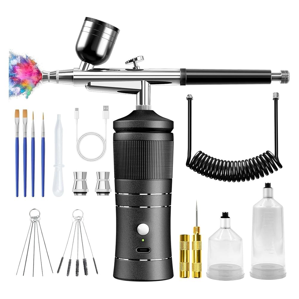 Kit Aérographe avec Compresseur, Kit Aérographe 48 PSI avec Buse 0,3/0,5 mm et Ensemble de Brosses de Nettoyage A