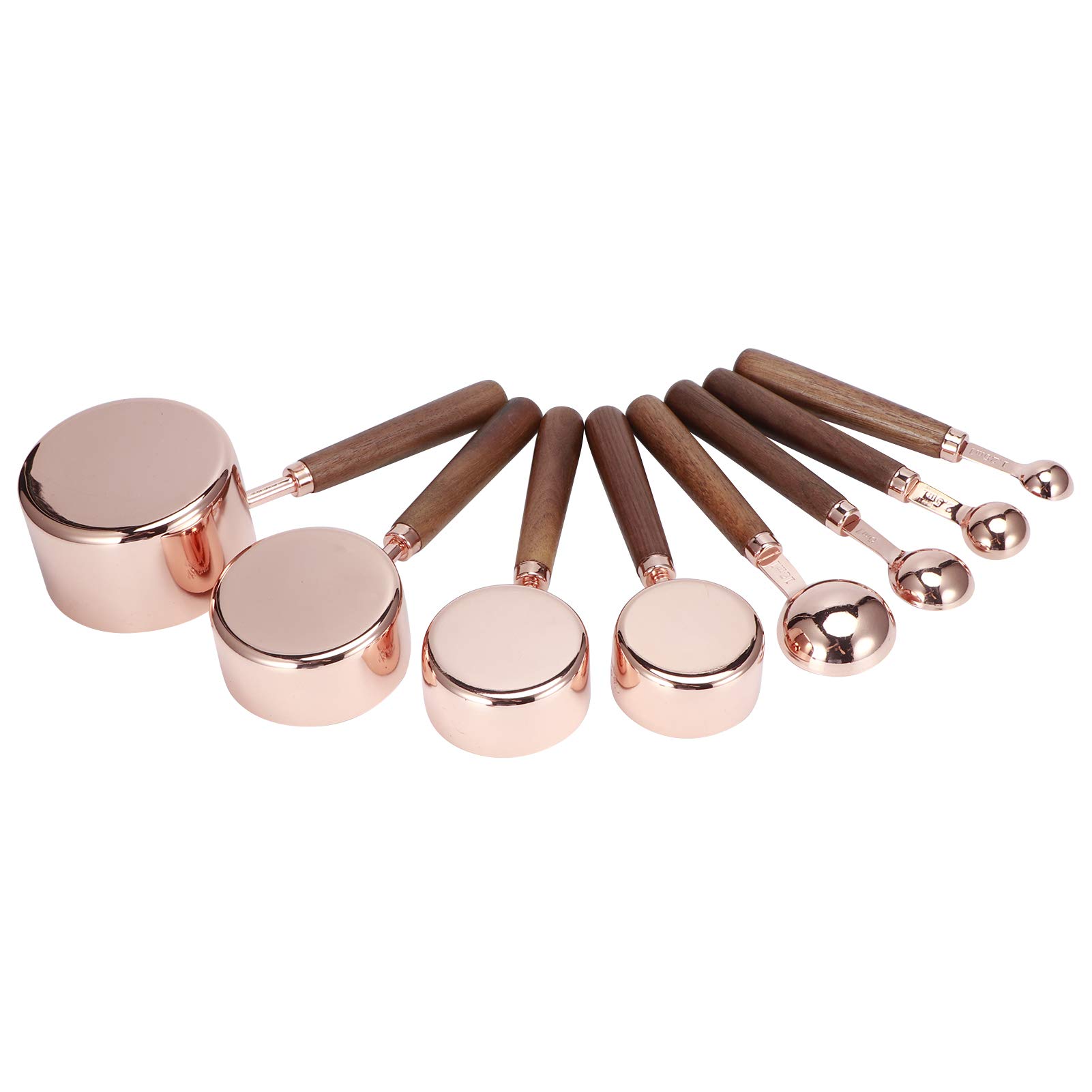 Ensemble de 8 cuillères à mesurer en acier inoxydable or rose avec poignées en bois, accessoire de cuisine, cuillère à mesurer pour les boulangers à domicile et les amateurs de