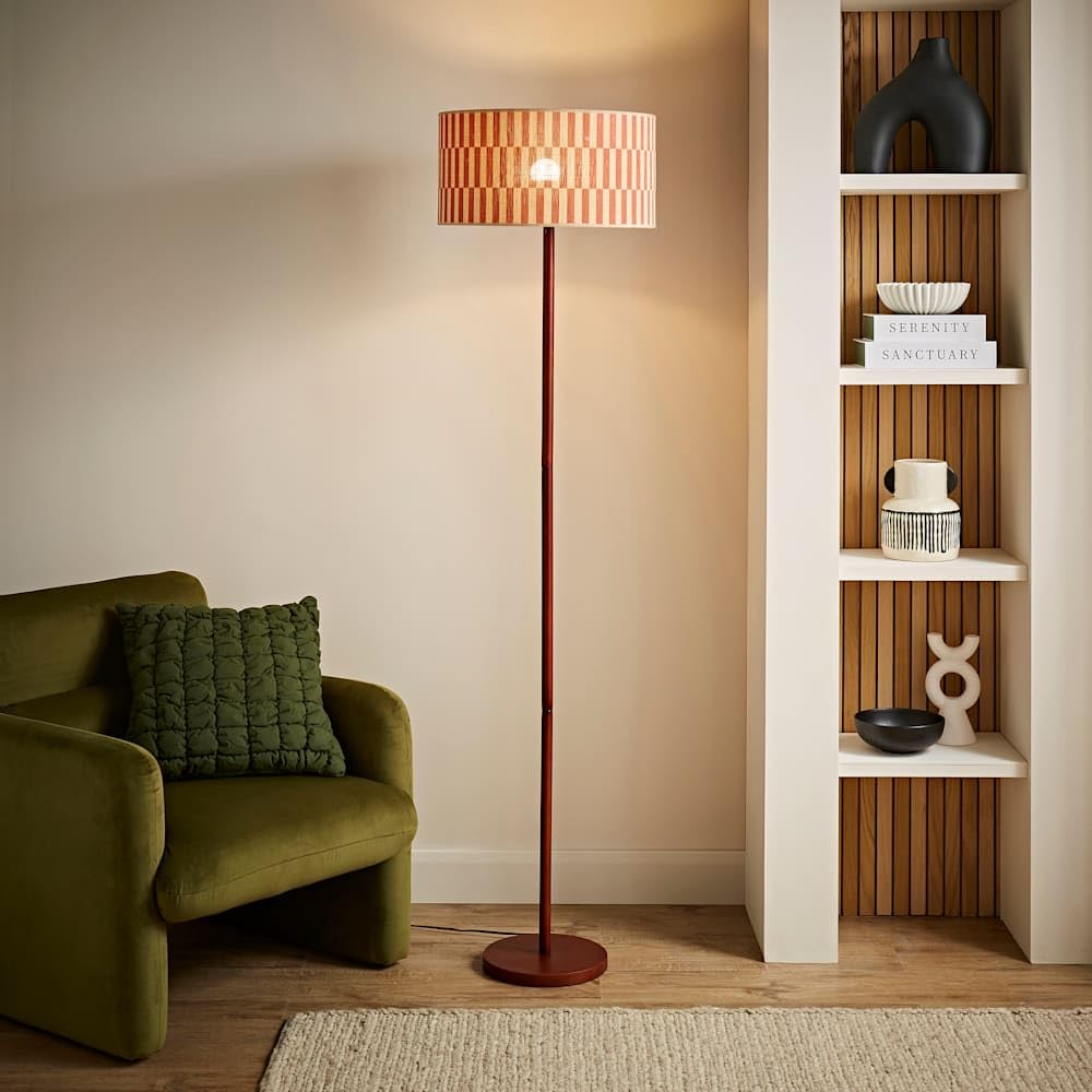 ValueLights | Heather Dark Wood Floor Lamp with Orange Checkerboard Bamboo Shade and Bulb | Floor Lamps & Home Improvements Essential