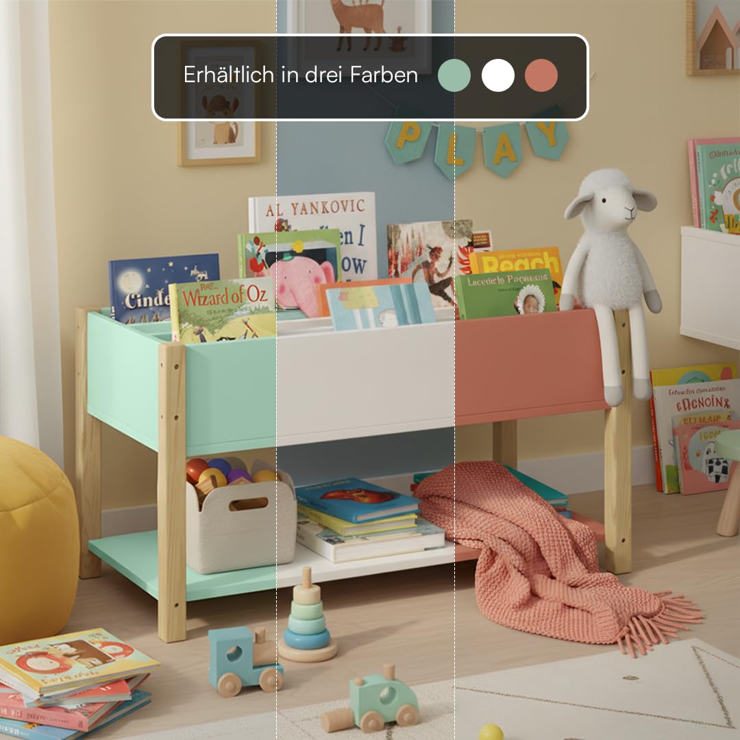 Bellabino Teme Bücherregal Kinderzimmer – Kinderbücherregal mit 4 Fächern – Montessori Bücherregal mit Ablagefach – Bücherregal für Kinder Mintgrün/Natur – Spielzimmer Deko aus Holz 80x40x44 cm