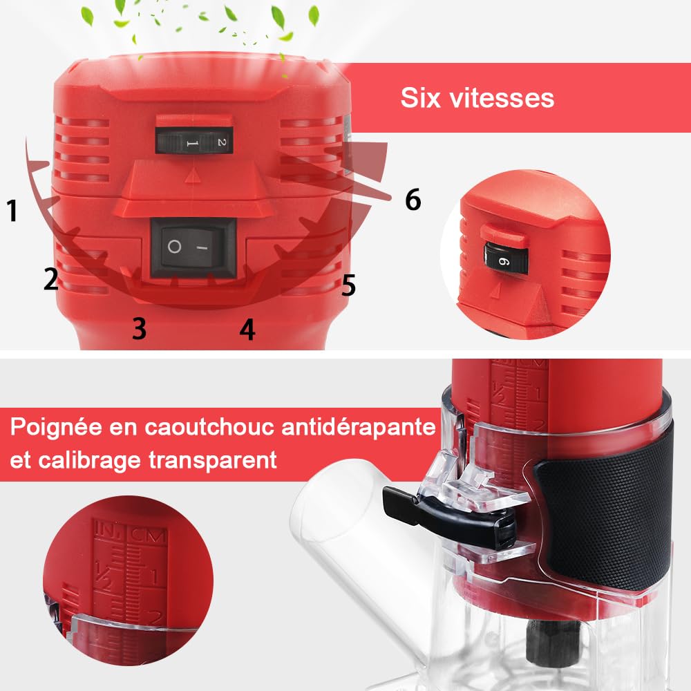 TEENO Défonceuse Affleureuse Électrique 800W 15000-32000 RPM Avec Housse Anti Poussière, Affleureuse à Bois Avec 5 Fraises à Défoncer Queue de 1/4", 6 Vitesses Variables, Base Fixe Mèches 6/6.35mm