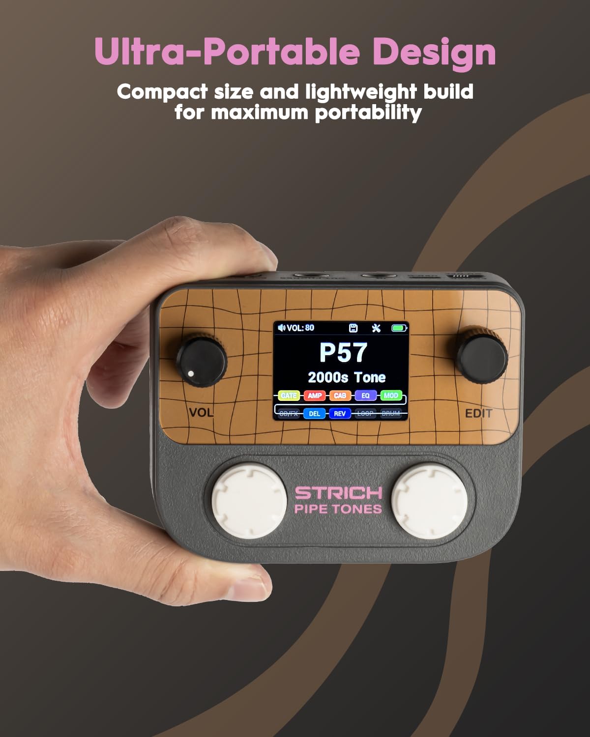 STRICH Pipe Tones Pocket Multi-Effects Processor per chitarra e basso con pedale 10 moduli effetto 125 effetti Looper 40s 100 pattern di batteria Interfaccia audio USB Controllo wireless(Grigio scuro)