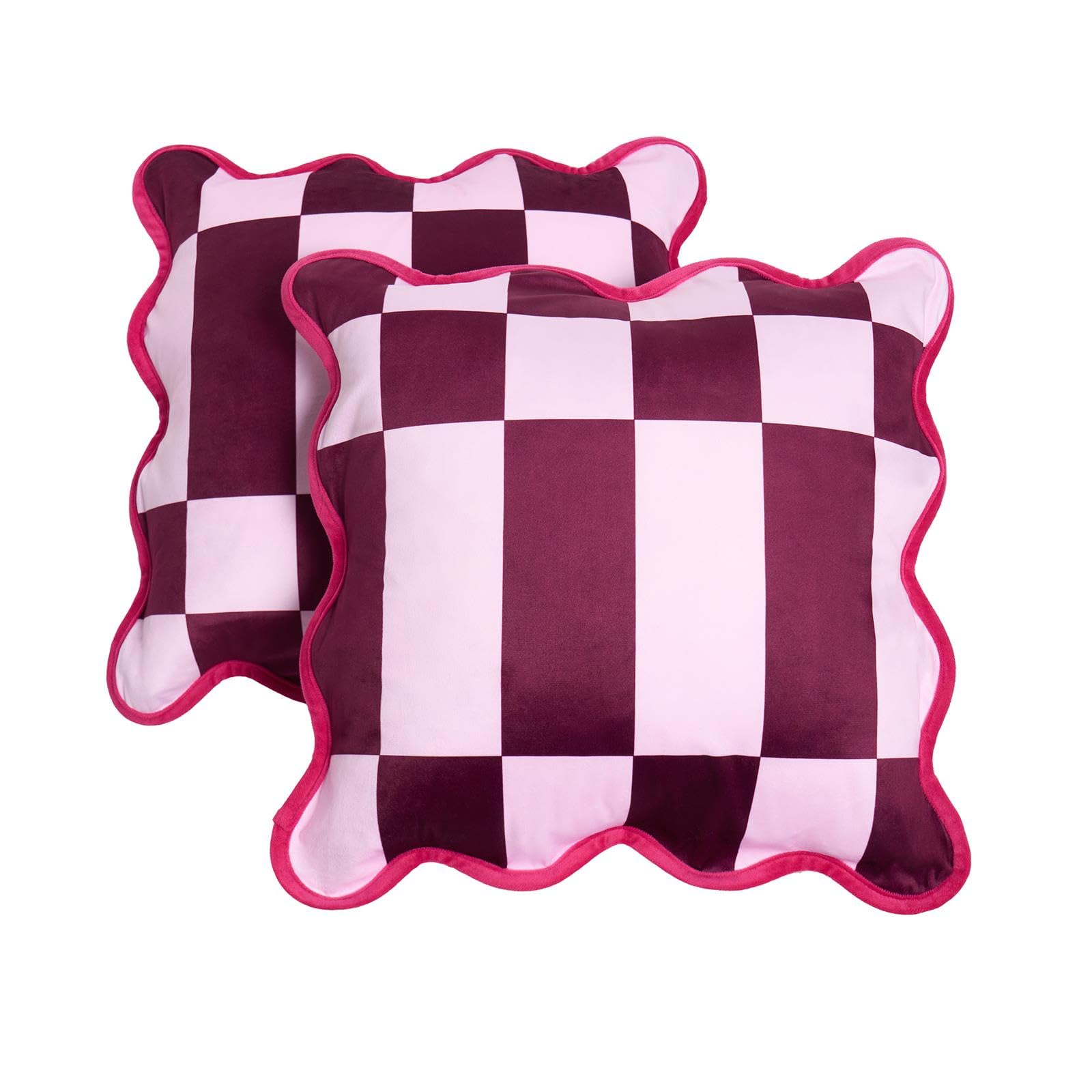 Ohs Women's Burgundy/Pink Checkerboard Cushion Covers 45 X 45 Scallop Edge, Super Soft Matte Velvet Decorative Square Throw Pillow Cover With Invisible Zipper Velvet Cushion Covers Home Decor Sofa 2 Pack,