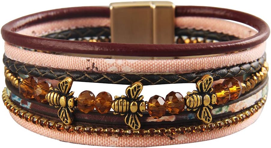 GelConnie Leather Wrap Bracelet Boho Cuff Bracelets Crystal Leather Bracelet Magnetic Multi Strand Bracelets Bohemian Bracelet Leather Wristbands Bangle Jewelry for Women Teen Wife Mother