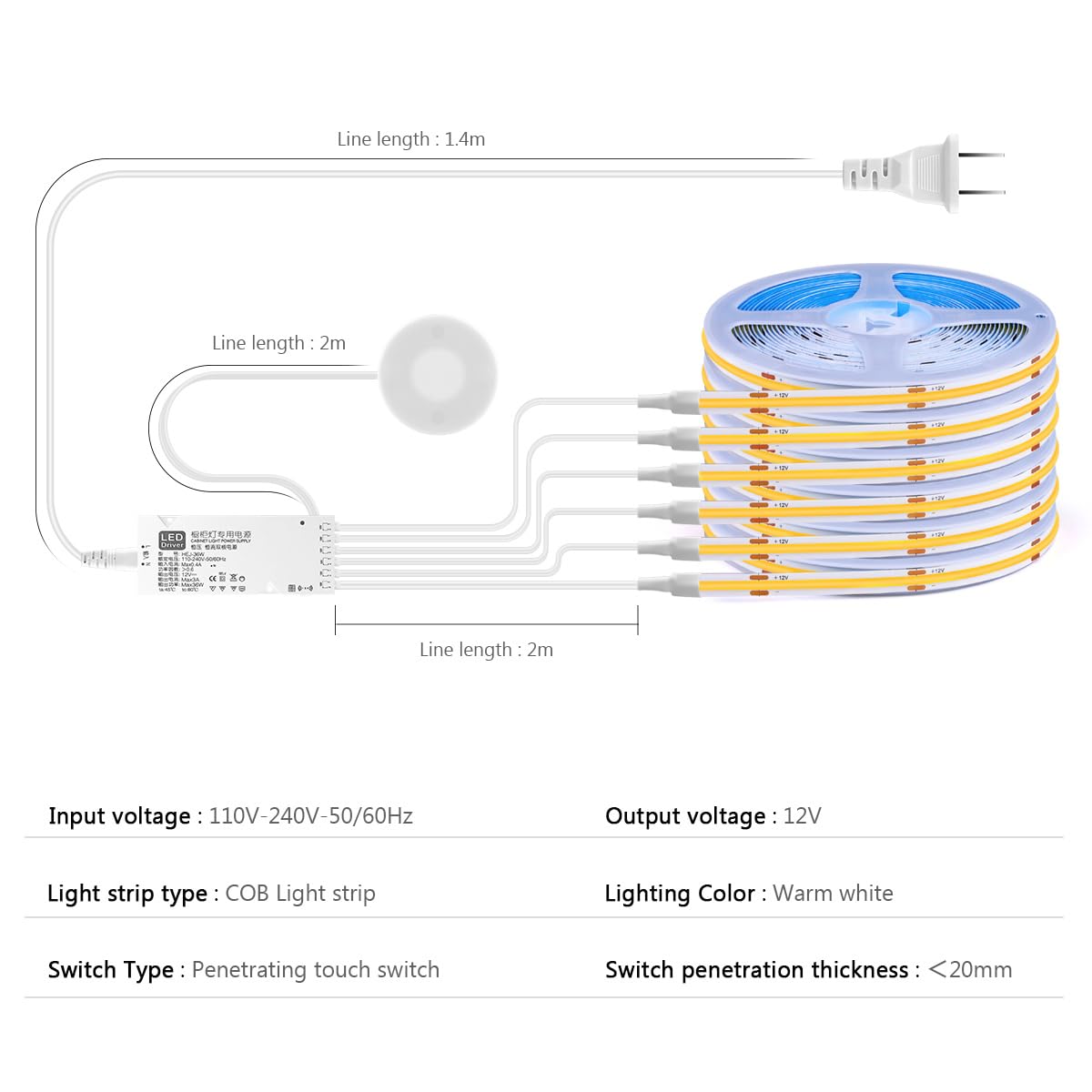 Tira LED COB de 12 V de madera penetrable táctil regulable para armario inferior con adaptador de 60 W, 2 m, tira flexible COB LED para bricolaje, cocina, armario