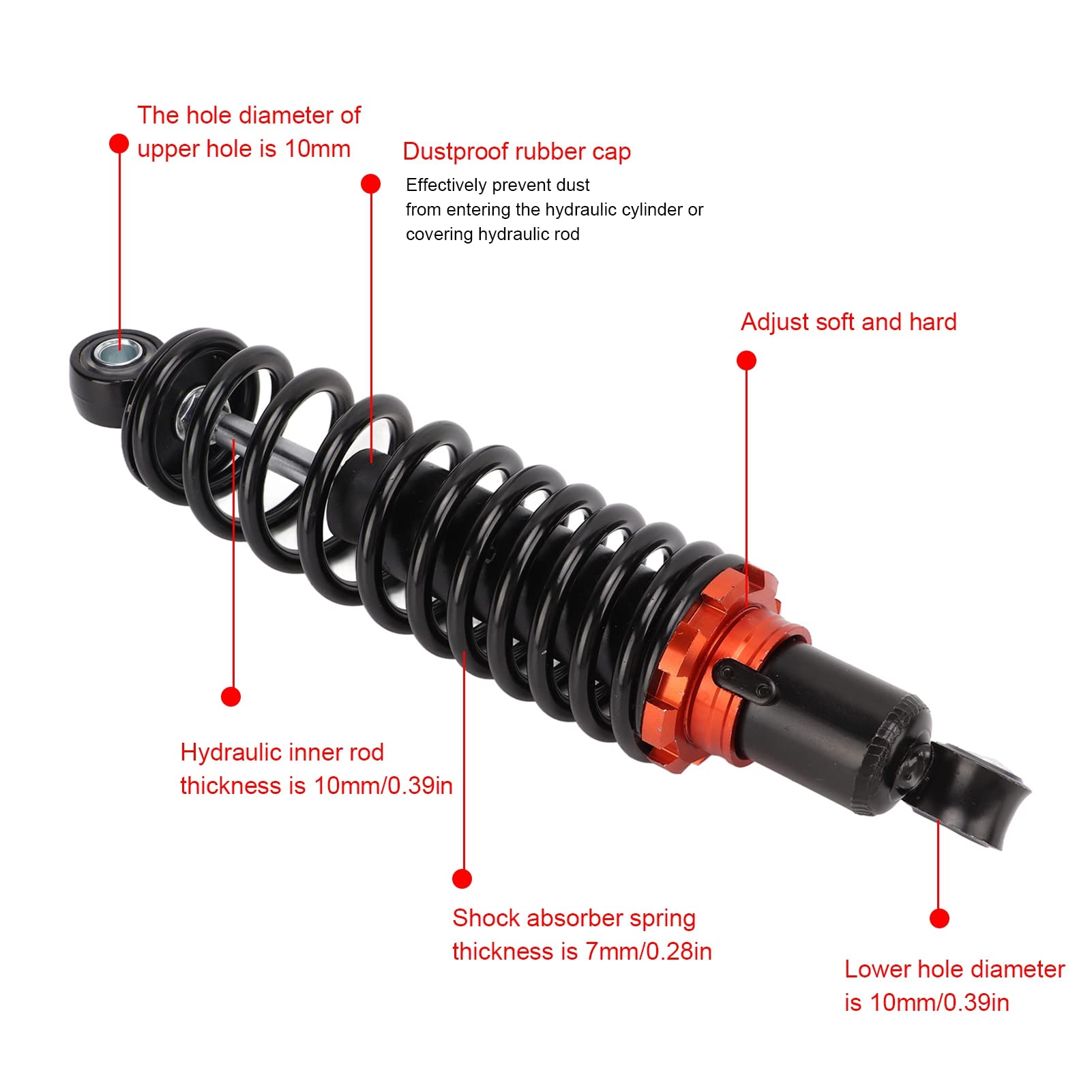 Ammortizzatore universale per moto, ammortizzatori posteriori in acciaio inossidabile, ammortizzatore elettromobile per bici elettrica da 27 cm/10,63 pollici con cappuccio in