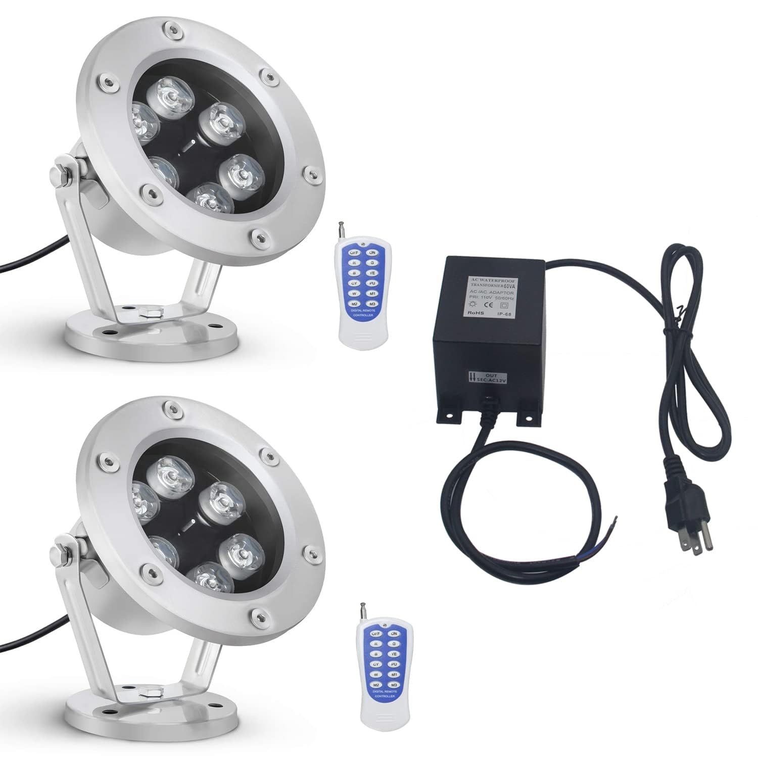 LED-Brunnenlichter IP68, wasserdicht, tauchfähig, RGB-Farbwechsel, Strahler mit Fernbedienung, 12 V Wechselstrom, Unterwasser-Teichbeleuchtung für Pools und Springbrunnen (3 W), 2 Stück