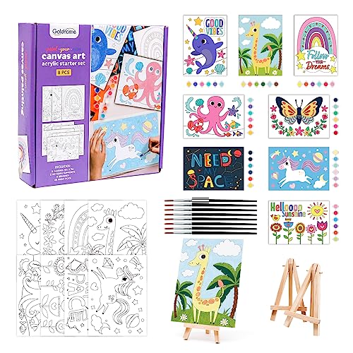 goldentime 8 Packs 5x7 Pre Drawn Canvas Set Paint by Numbers for Kids 48 Paints 8 Brushes 2 Easels Pre-Printed Acrylic Oil Painting Kit Ages 8-12 9-12 4-8