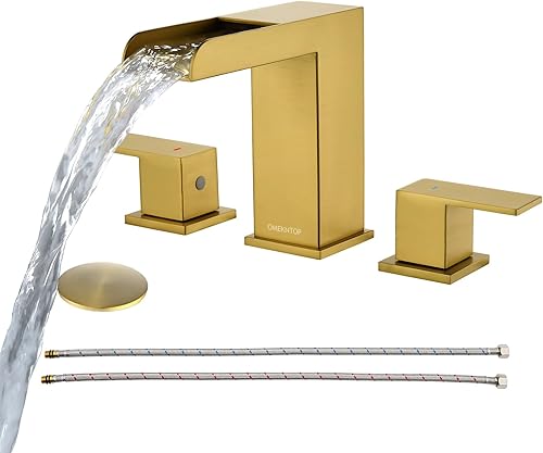OMEKNTOP Grifo de baño de níquel cepillado, 8 pulgadas, cascada, grifo de lavabo de 3 agujeros, grifo de baño con drenaje desplegable y manguera,