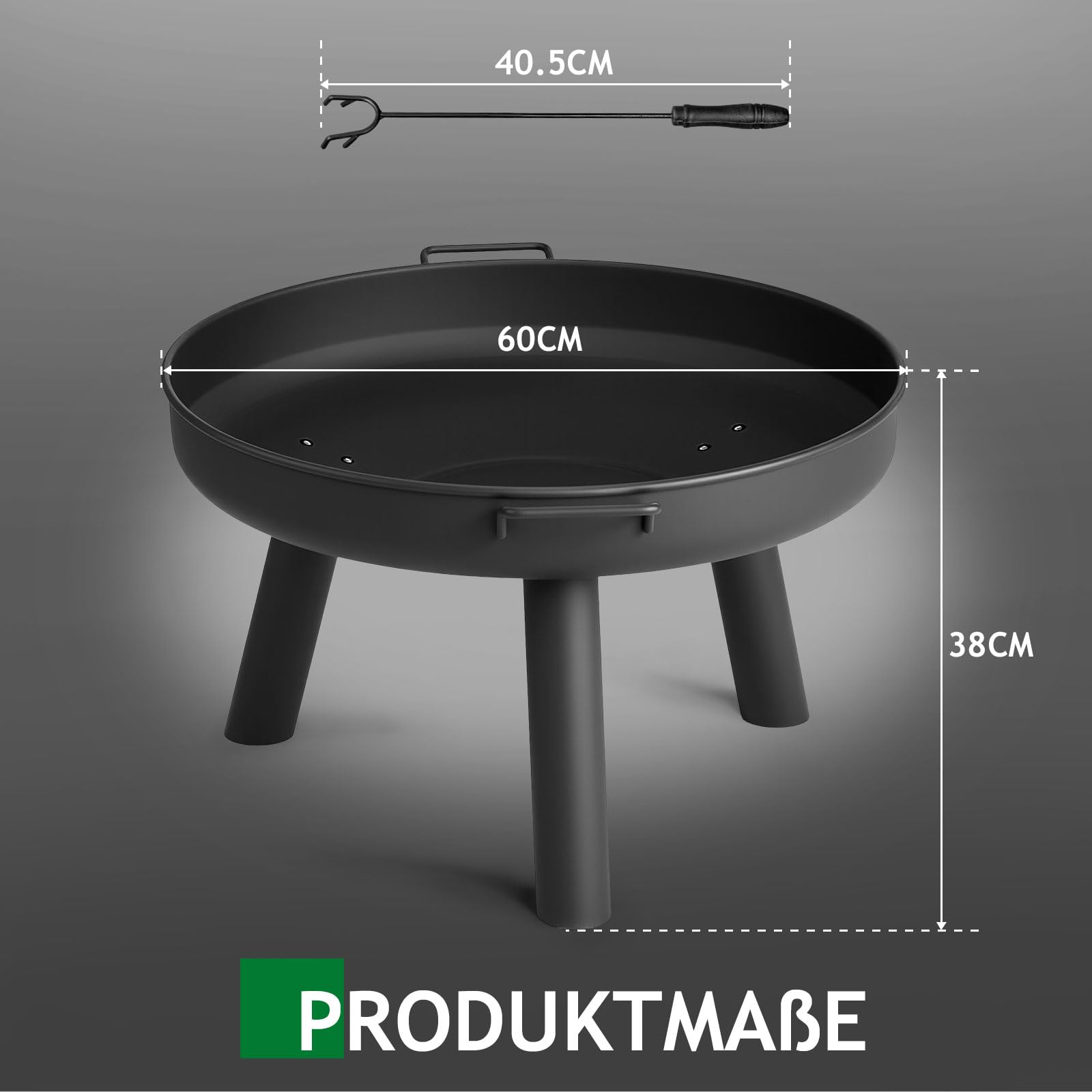 LEADZM Brasero de 60 cm de diámetro, construcción de hierro, con 2 asas estables + gancho para fuego, cesta para leña y carbón, para jardín, terraza, exterior, hoguera, color negro