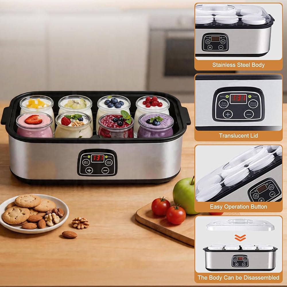 Yogurtiera Elettrica in Acciaio Inox con 8 Vasetti in Vetro, Display a LED, Temperatura Regolabile e Timer, per Preparare Il Natto Biologico