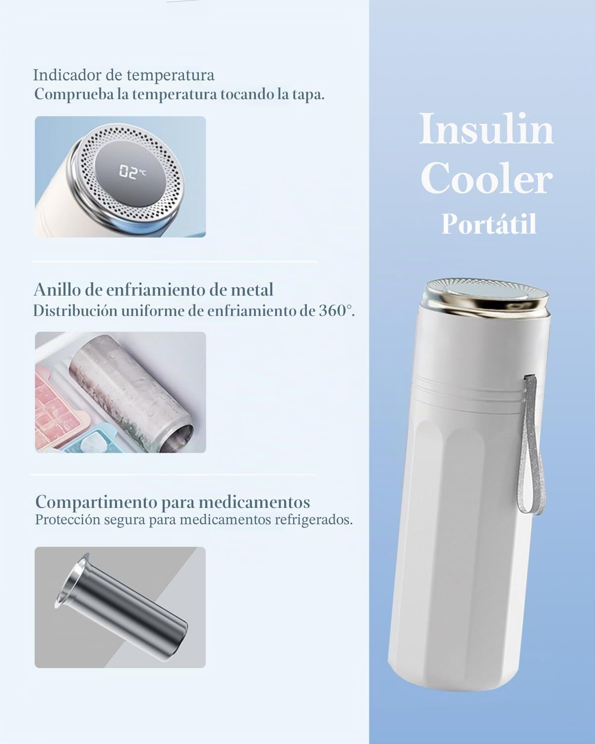 Enfriador de Insulina con anillo de congelación de metal e indicador de temperatura - Nevera Insulina con TSA para viajes, Bolsa enfriadora para insulina y medicamentos refrigerantes (Blanco)
