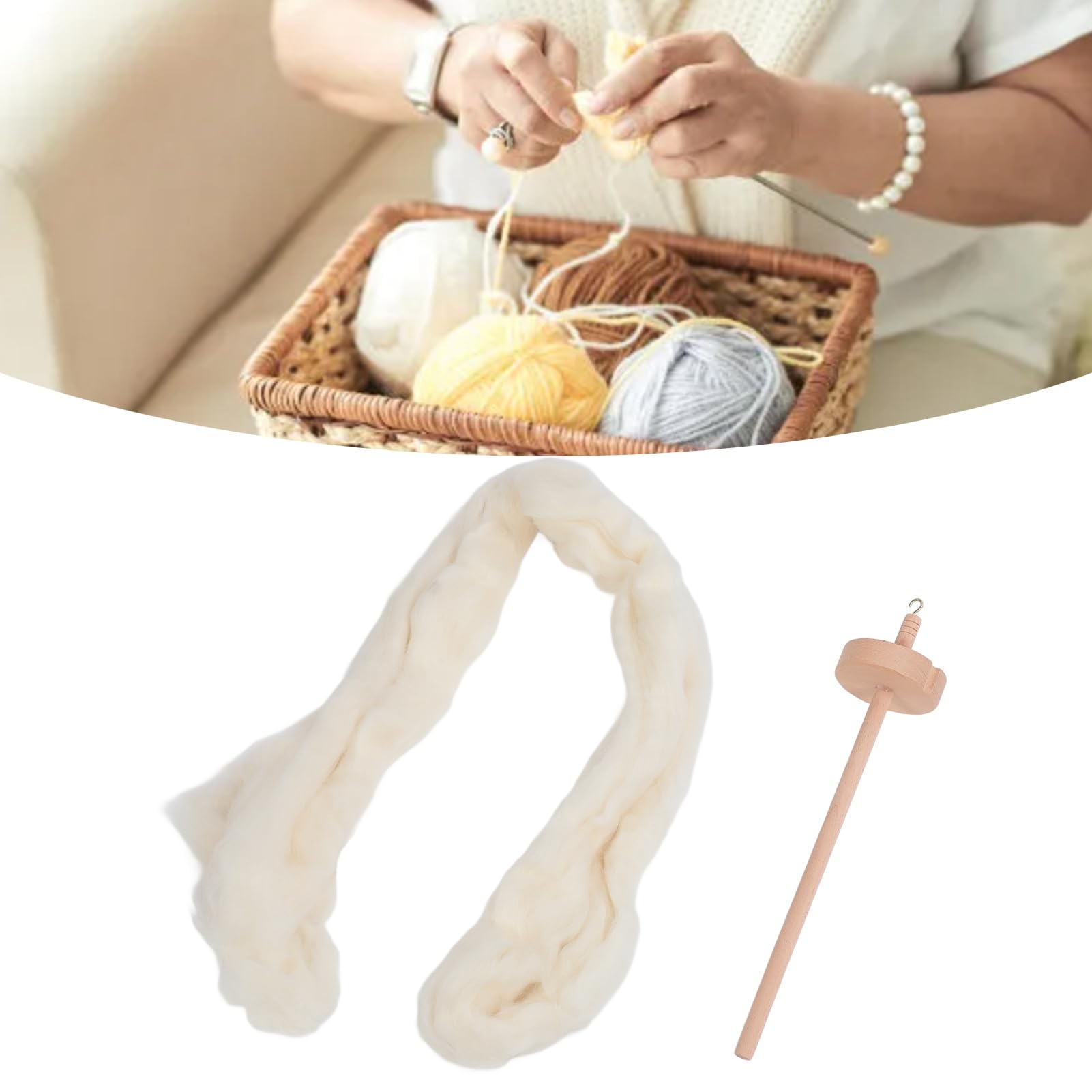 Beginner's Kit Professional DIY Yarn Kit with Wool Top, 12.8in Wooden Drop Spindle with Storage Box Size for Sewing Accessories