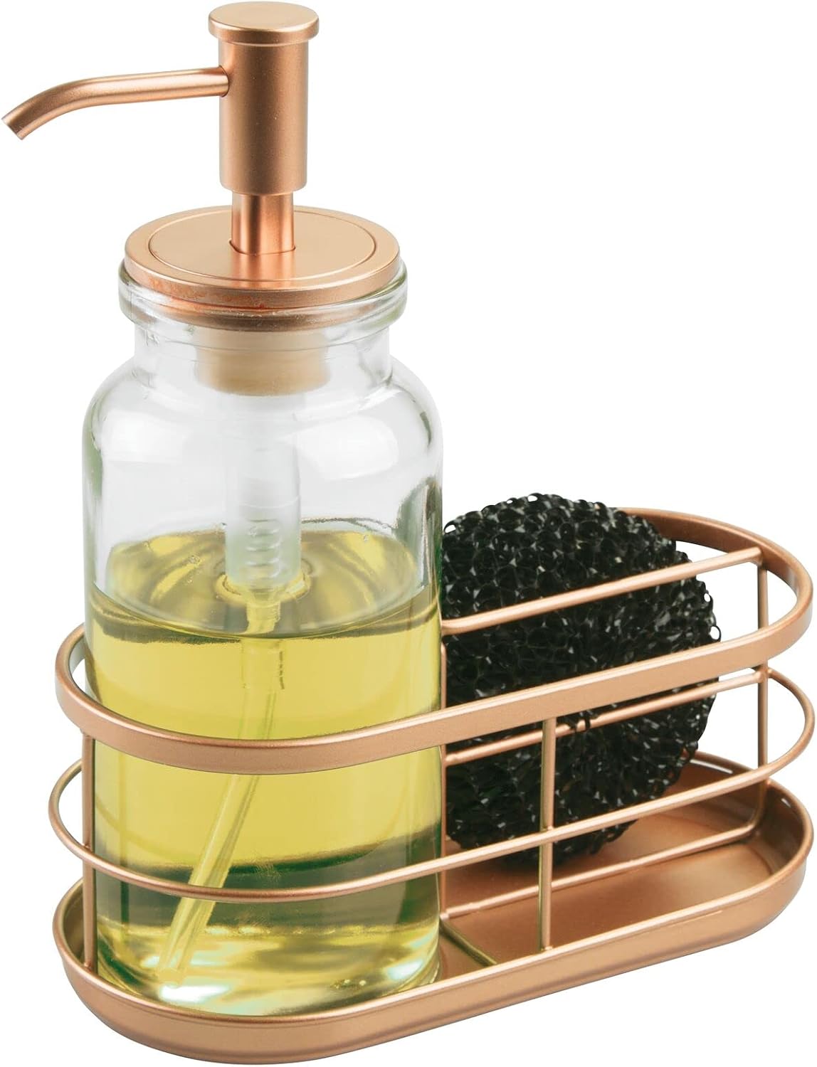 mDesign Modern Glass/Metal Kitchen Sink Countertop Liquid Hand Soap Dispenser Pump Bottle Caddy with Storage Compartments - Holds and Stores Sponges, Scrubbers and Brushes - Clear/Copper