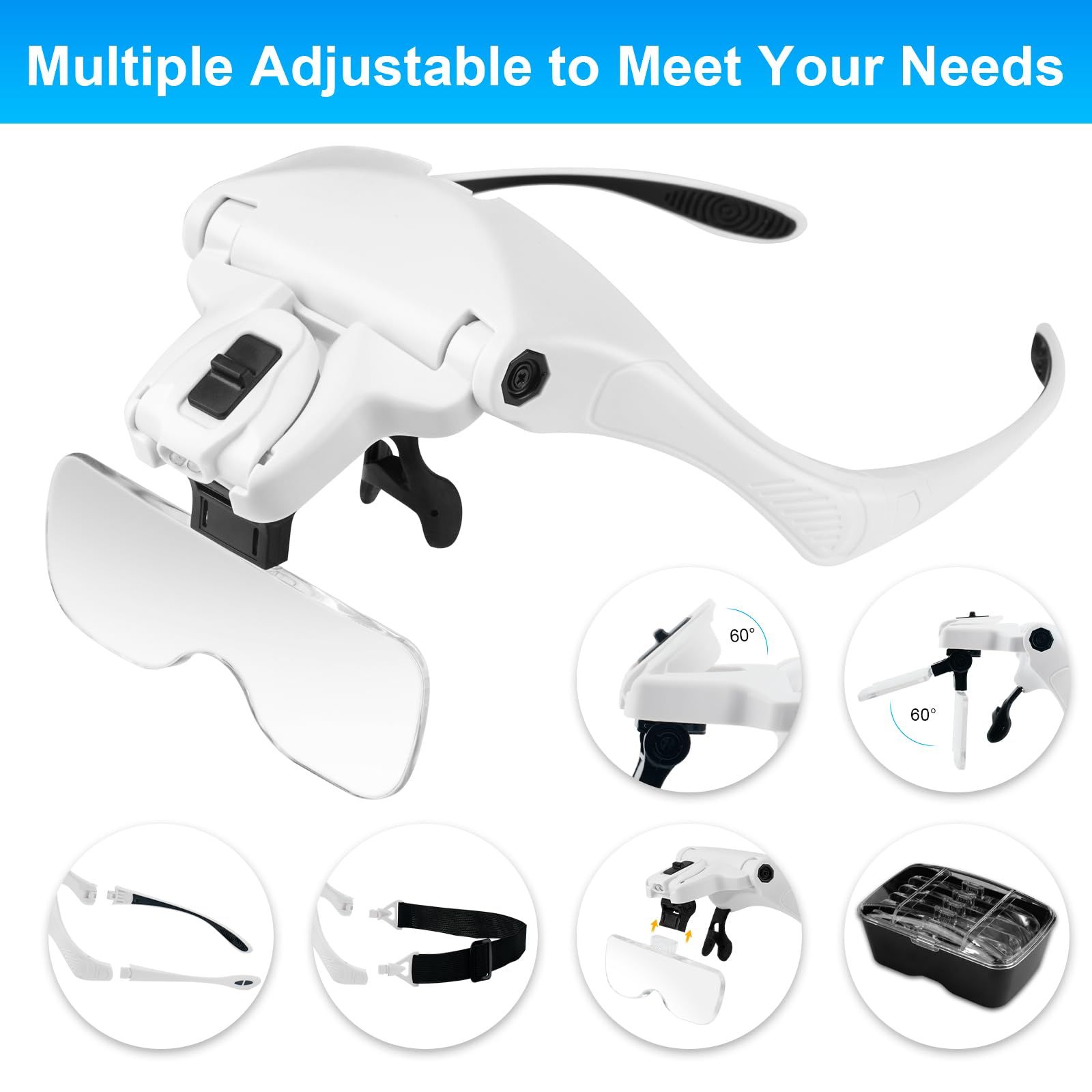 Support de lunettes à main avec loupe et 5 lentilles, bandeau et 2