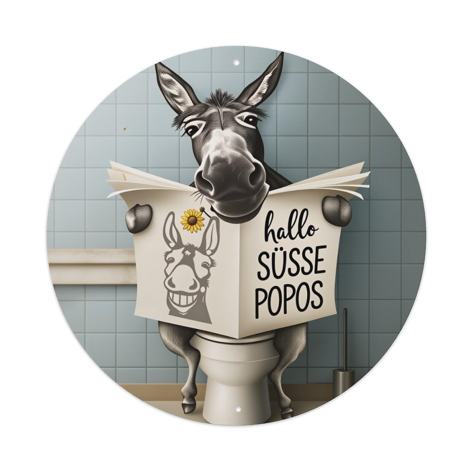 Wmlzdnwr Vintage Donkey Reading Newspaper Toilet Humor Art Print Round Tin Sign,Retro Wall Art,Metal Poster For Home, Bar, Garage, Cafe, Rustic Indoor & Outdoor Decor, 8X8 Inches