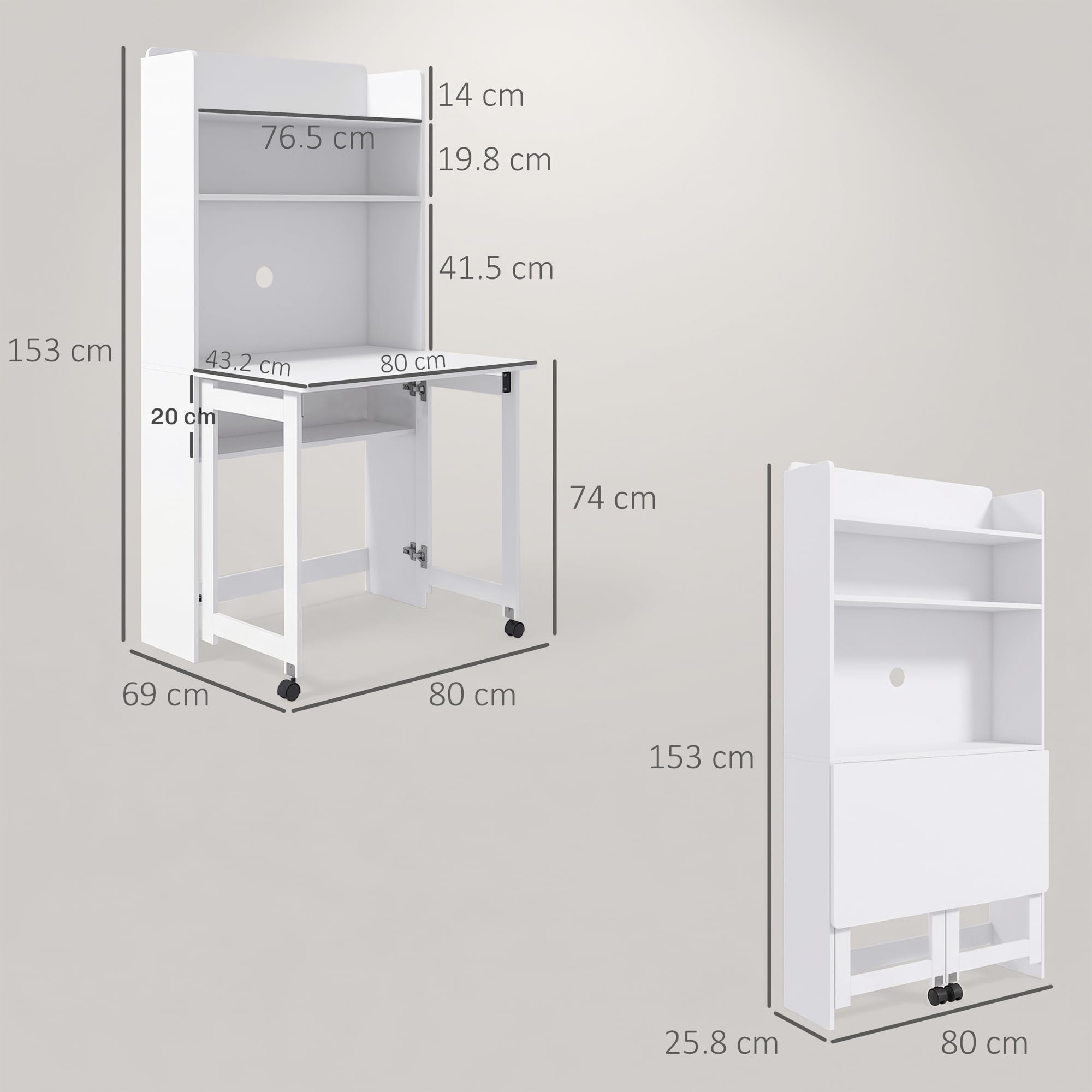 HOMCOM Scrivania con Libreria, Piano Pieghevole, 80x69x155 cm, Bianco | 2 Ruote e 4 Ripiani, Scrivania Salvaspazio Moderna con Foro Passacavi, Tavolo per Computer, Casa Ufficio Studio