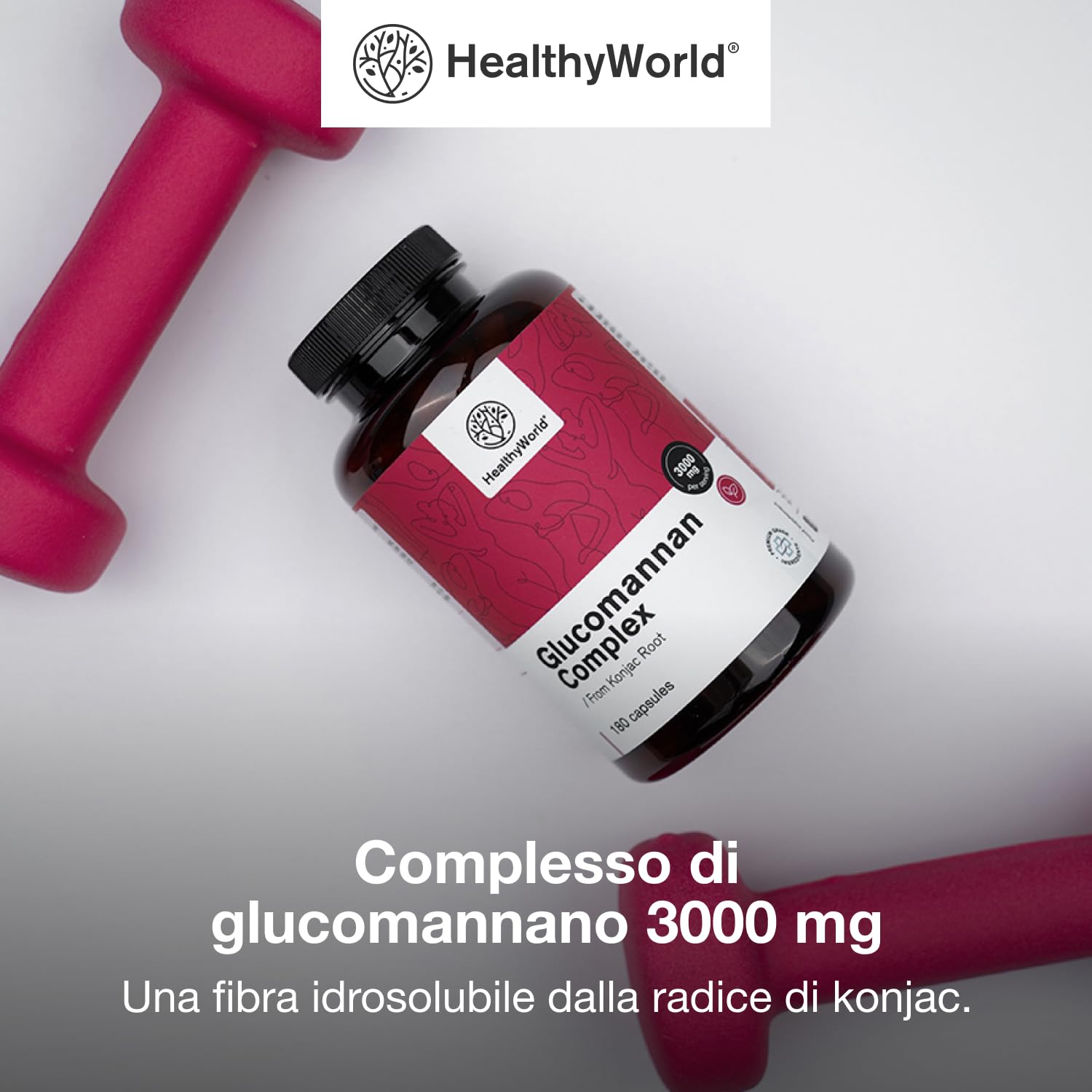HealthyWorld Complesso di glucomannano 3000 mg – Dalla Radice di Konjac - 180 capsule - Con aggiunta di Colina, Cromo, Vitamine D3 e B3 - Senza OGM - Scorta per 1 mese
