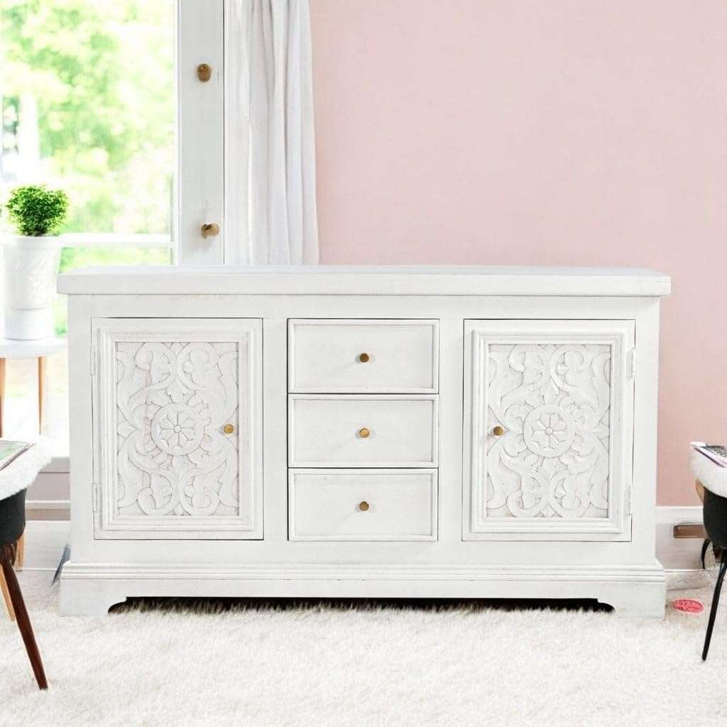 TGF Furniture Store Vintage White Sideboard Cabinet – Hand-Carved Floral Doors, 3 Storage Drawers with Brass Knobs – Solid Wood Buffet Console for Living Room or Entryway-image-35