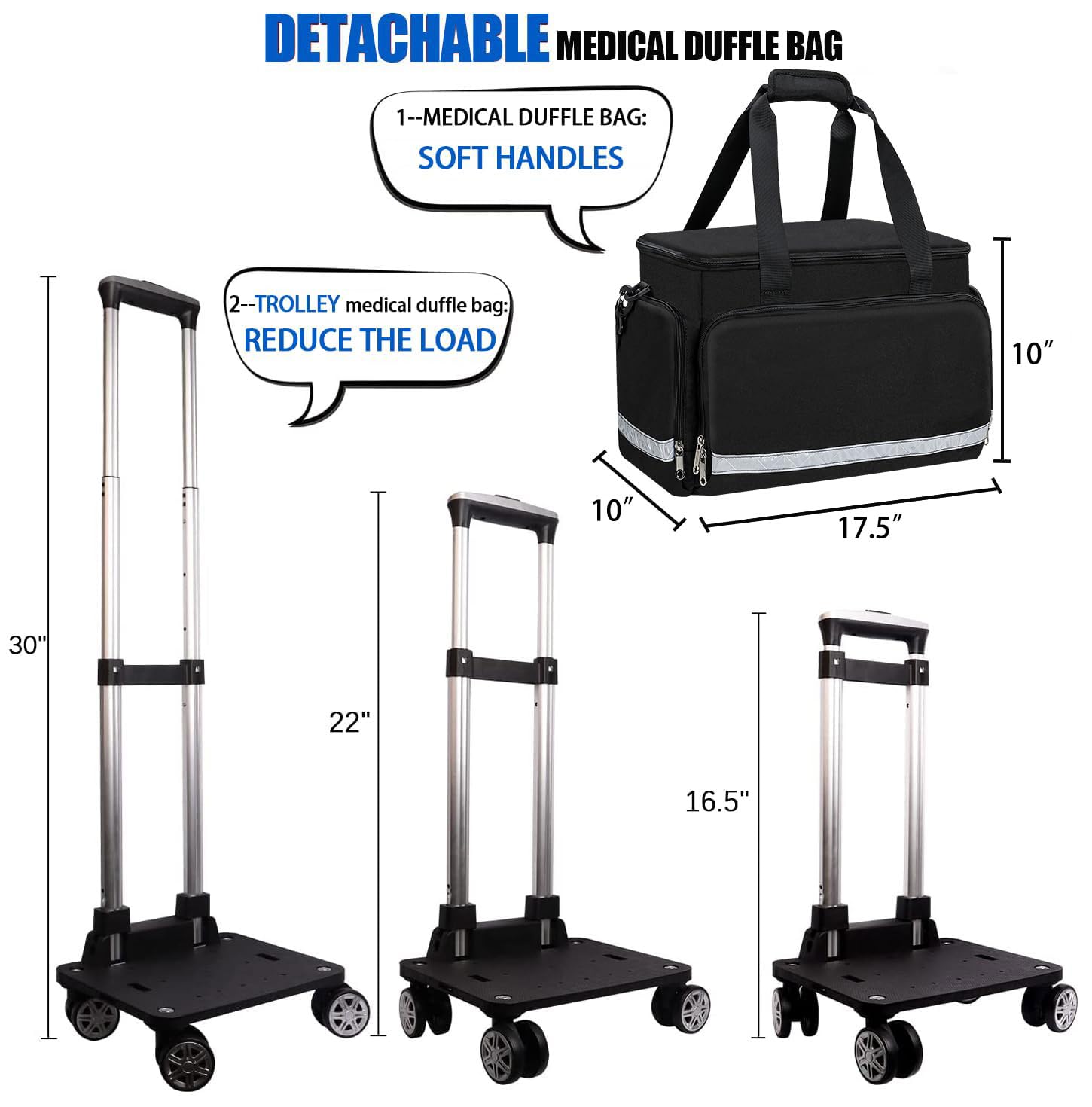 Gatycallaty Bolsa médica con ruedas, EMT EMS, primeros auxilios, enfermeras, cuidados en casa, médicos, viajes, campamentos, senderismo, tropas exploradoras con compartimentos extraíbles (negro)