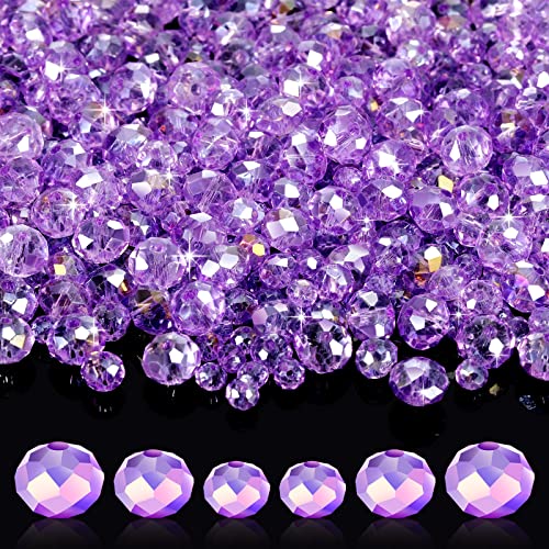 WILLBOND 600 Pcs Crystal Glass Beads for Jewelry Making Bulk Suncatcher Faceted Rondelle Loose Gemstone for Valentines Day Irish Holiday Easter Bracelet DIY Crafts 8mm 6mm 4mm(Purple)